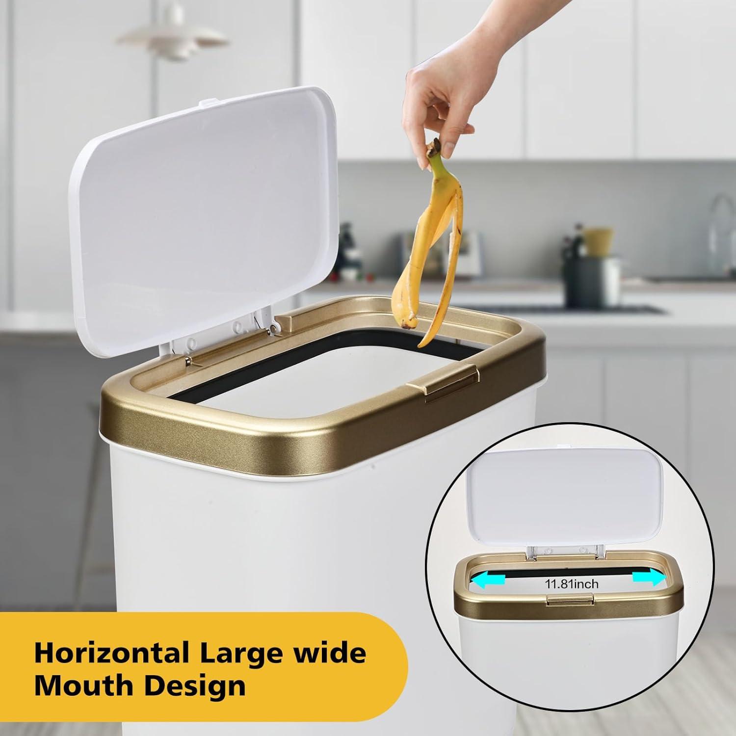 LIKOBI Trash Can with Lid,Bathroom Trash Can with Gold Edge,Slim Plastic Trash Bin for Bedroom,4 Gallon