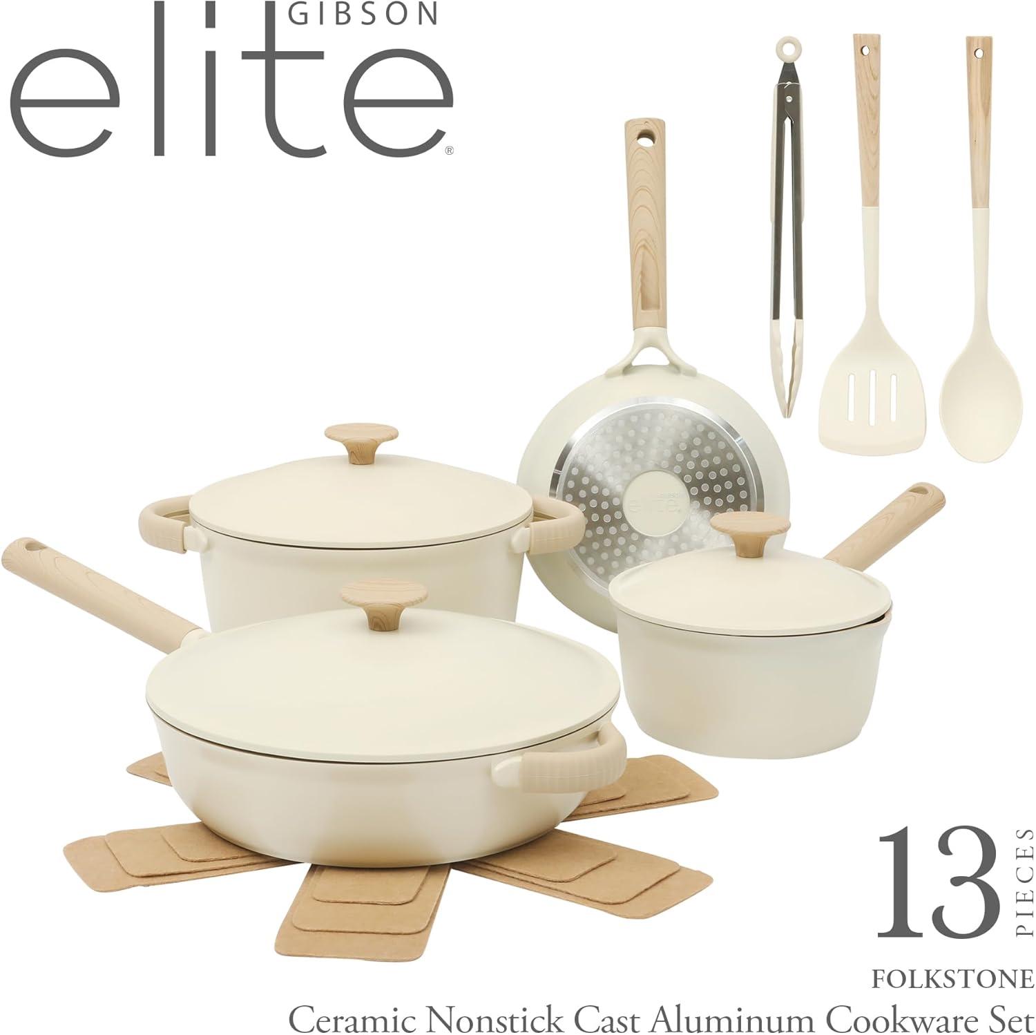 Gibson Elite Folkstone 13 Piece Pots and Pans Durable Cast Aluminum PFA Free Non stick Ceramic Cookware Set