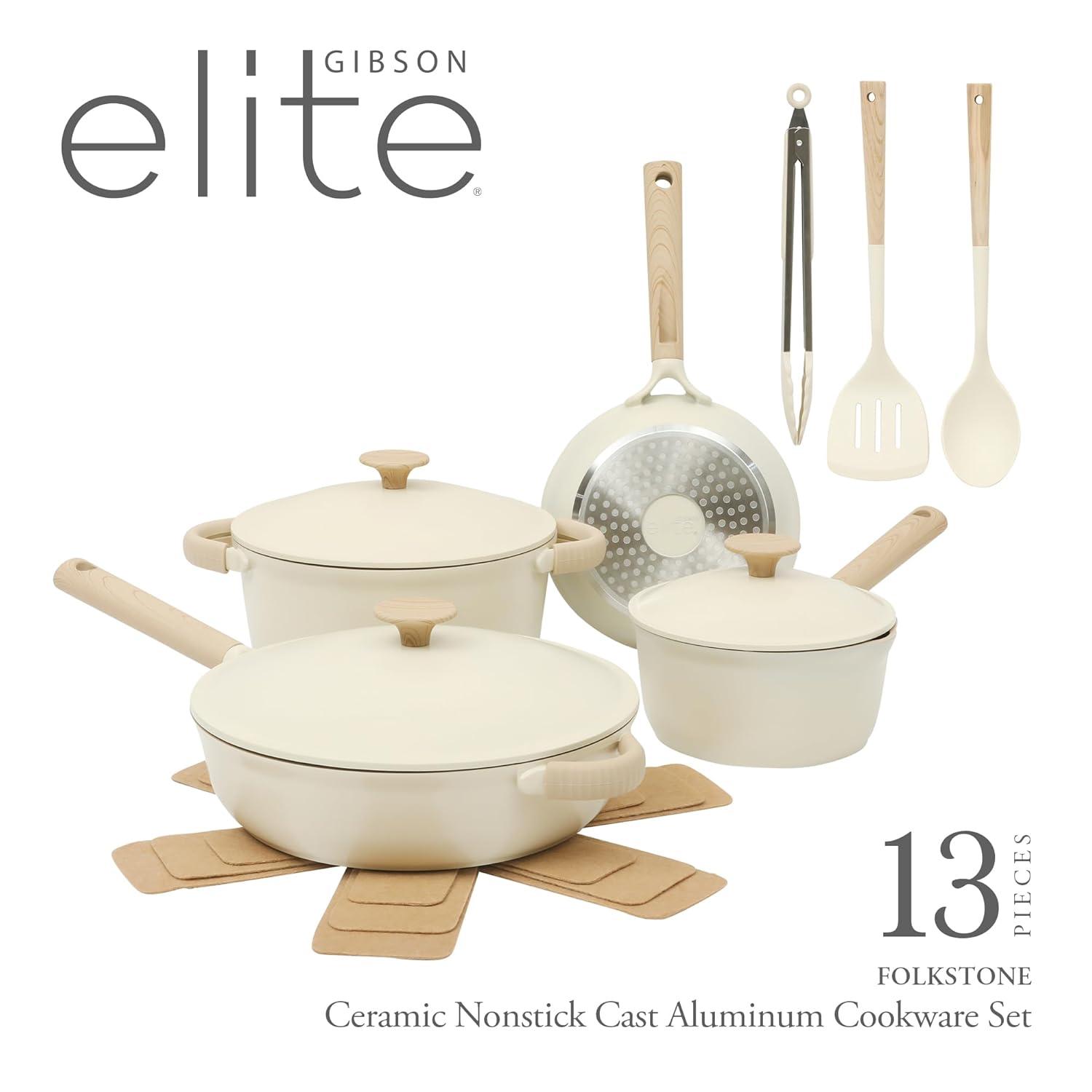 Gibson Elite Folkstone 13 Piece Pots and Pans Durable Cast Aluminum PFA Free Non stick Ceramic Cookware Set