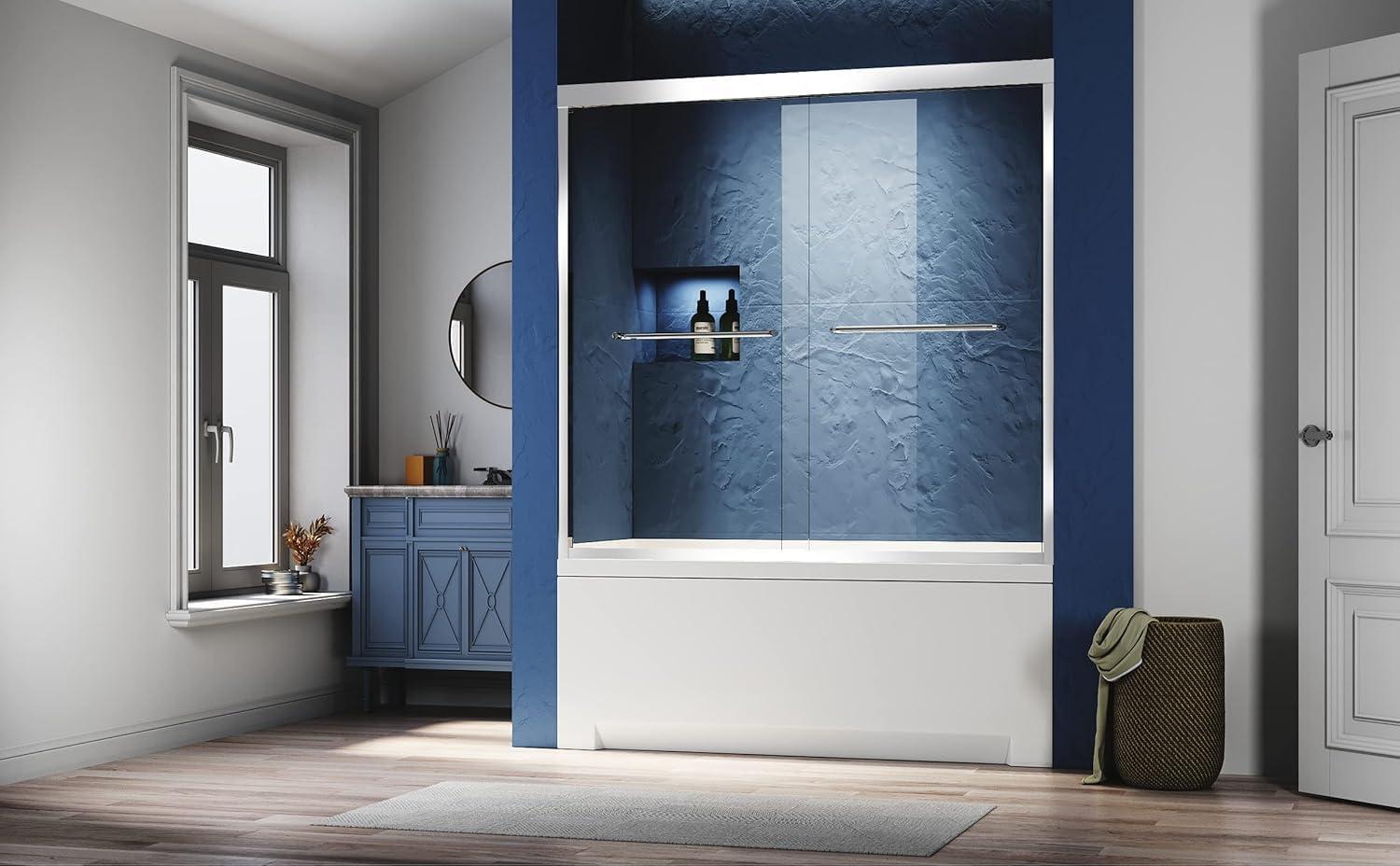 KUNMINGZHUHE Sliding Glass Tub Door 56-60 In. W X 57 In. H, Semi Frameless Double Bathtub Door, Certified Thick Clear Clear Tempered Glass, 304 Stainless Steel Handles. ZH2842-W2269P144318