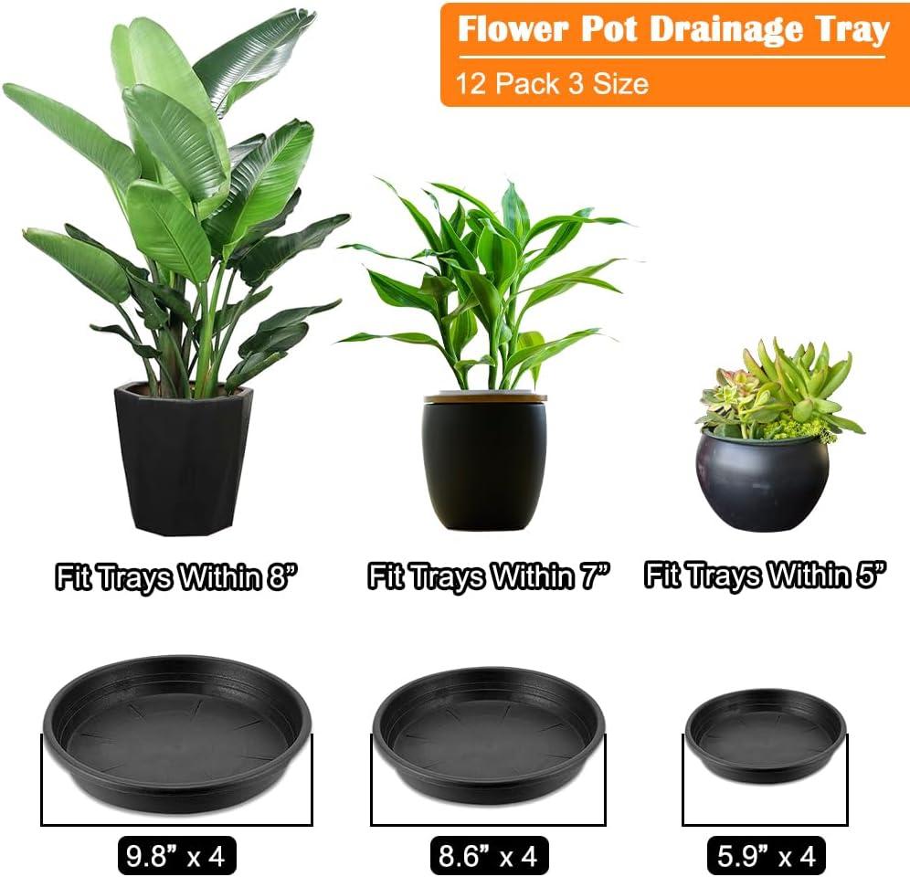 Tripumer 12Pack Plant Saucers 6inch/8inch/10inch Black Plant Saucers Plastic Planter Trays Round Trays Heavy Duty Drip Trays Perfect for Indoor and Outdoor Plants