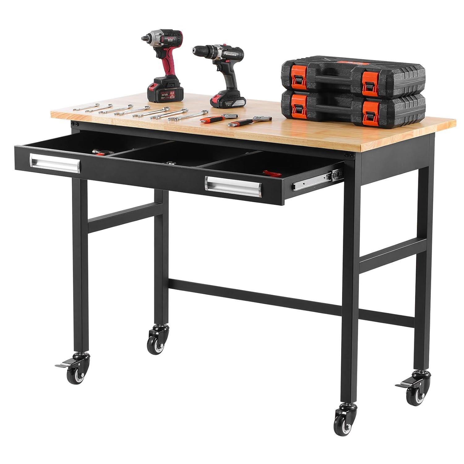 VEVOR Workbench, 48-inch Garage Workbench with Drawer Storage & Wheels, 1500 lbs Load Capacity Workshop Bench on Wheels, Heavy Duty Oak Wood Top Work Table for Garage, Workshop, Office, and Home