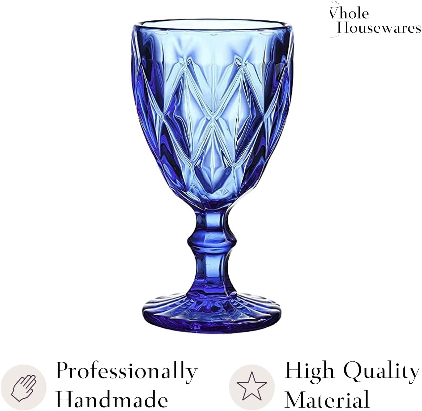 WHOLE HOUSEWARES 9.5 Oz Blue Colored Vintage Glass Drinkware Set | Set of 6, Cobalt Blue