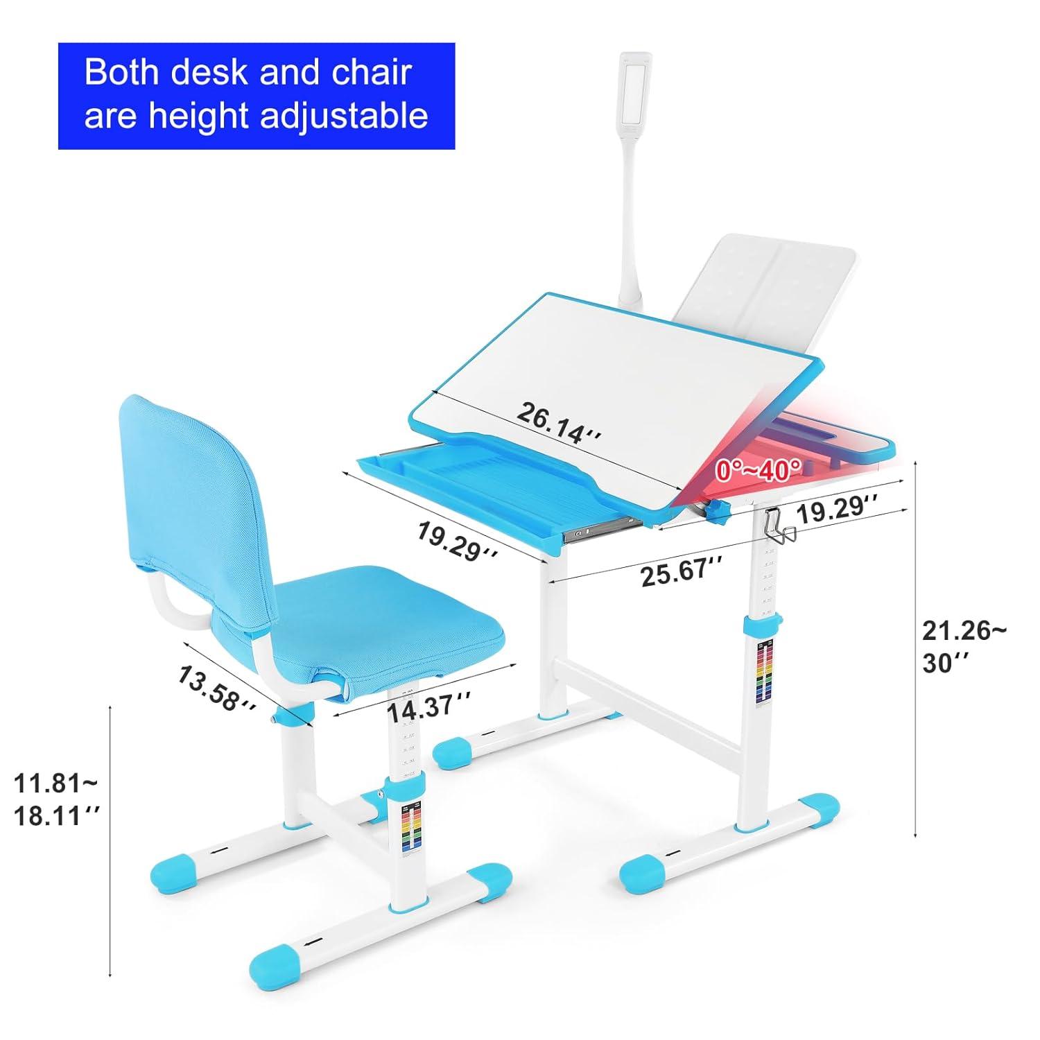 Artist hand Kids Study Table and Chair Set,Adjustable Girls School Writing Study Table,with Large Writing Board LED Pull Out Drawer Pencil Case Bookstand