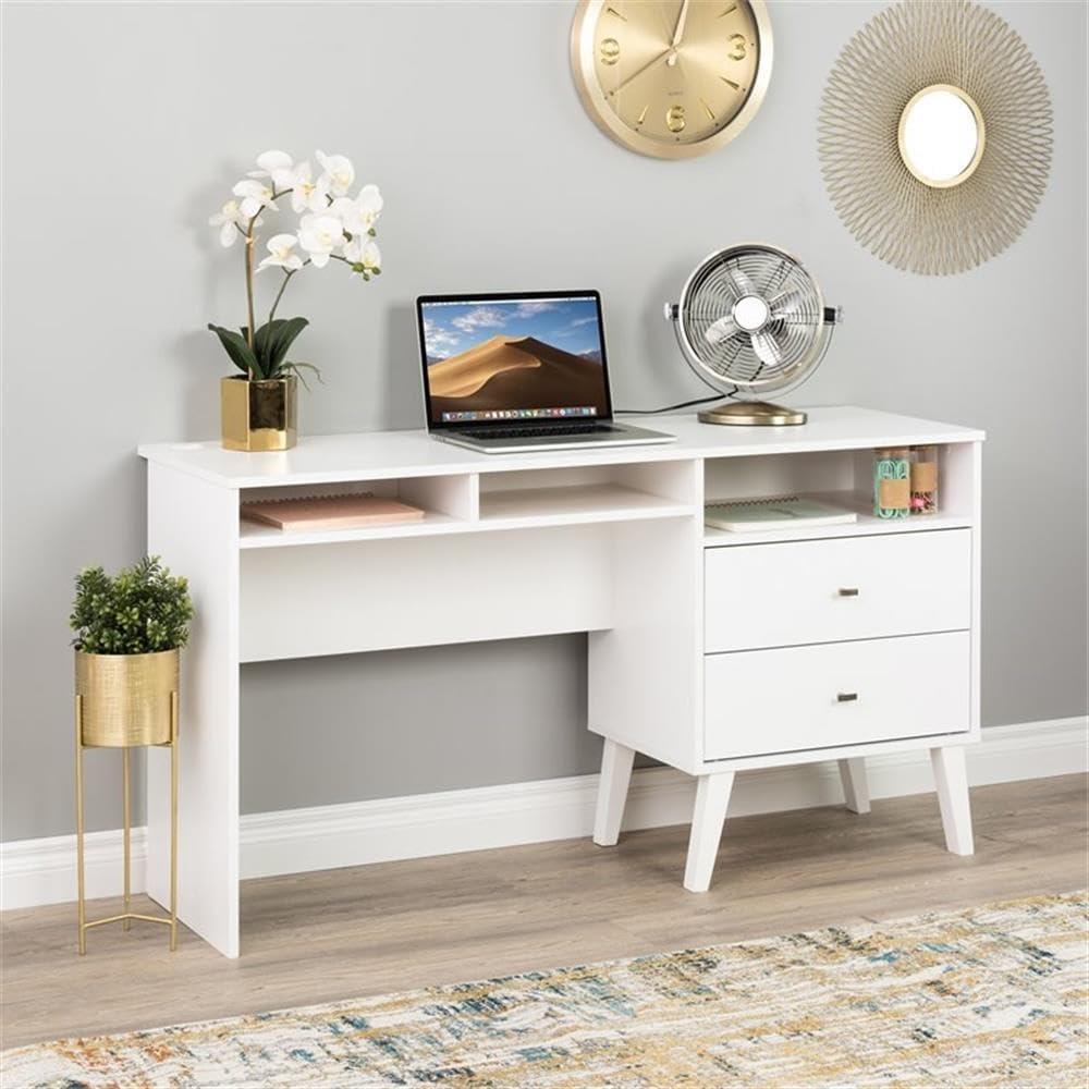 Milo Computer Desk with Side Storage and 2 Drawers White - Prepac: Mid-Century Modern, Wire Management