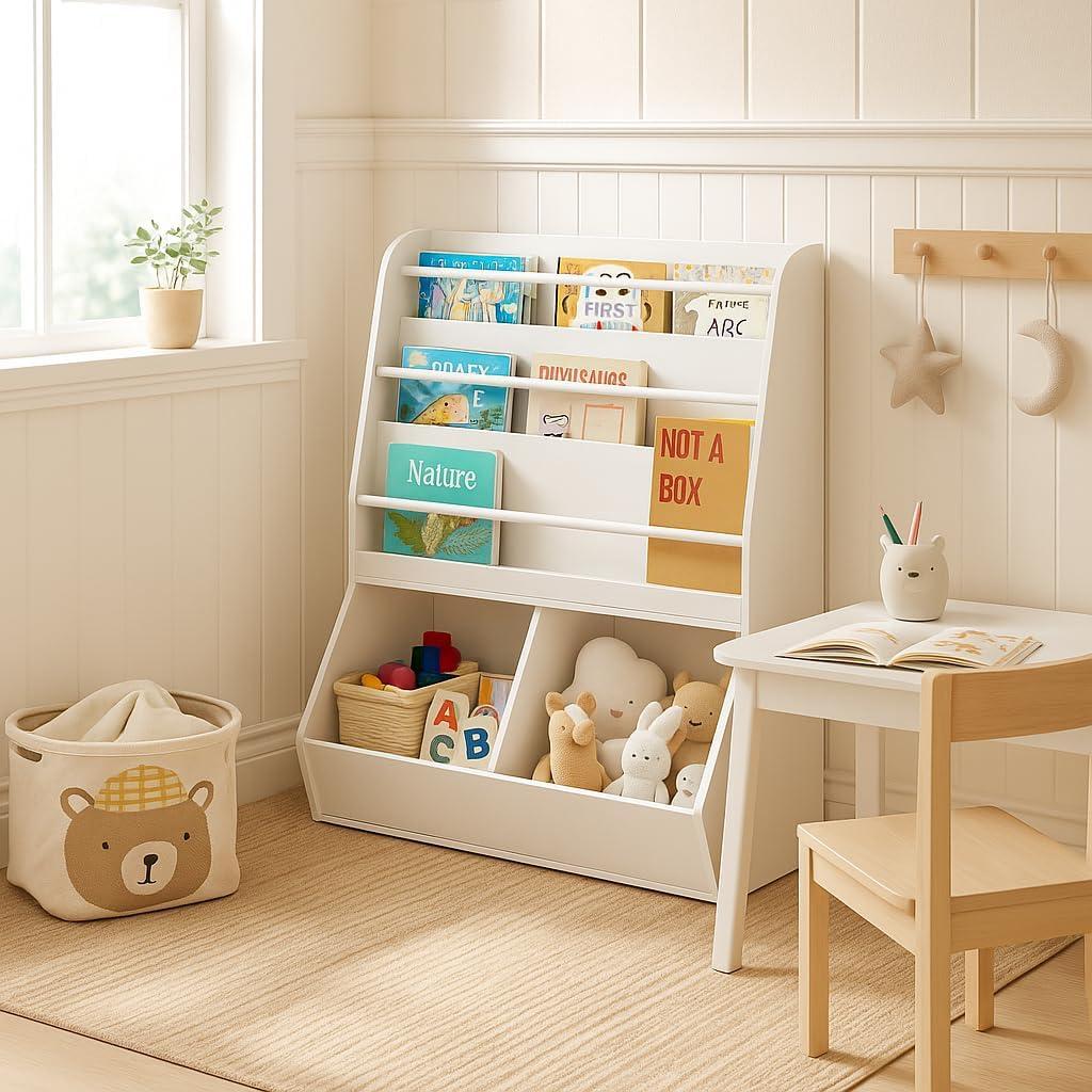UTEX Kids Bookshelf Toy Organizer with Rolling Toy Box, White, 23.62” W x 11.8” D x 35.43” H