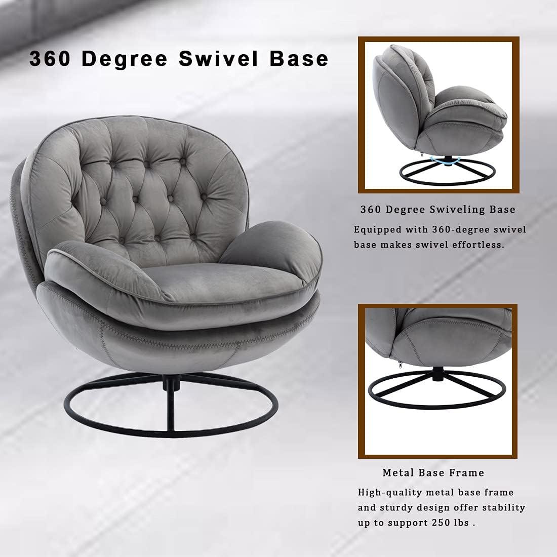 Velvet Swivel Accent Chair with Ottoman Set, Modern Lounge Chair with 360 Degree Swiveling Metal Base & Footrest, Comfy Single Sofa Chair for Living Room Bedroom, Reading Room, Home Office, Gray