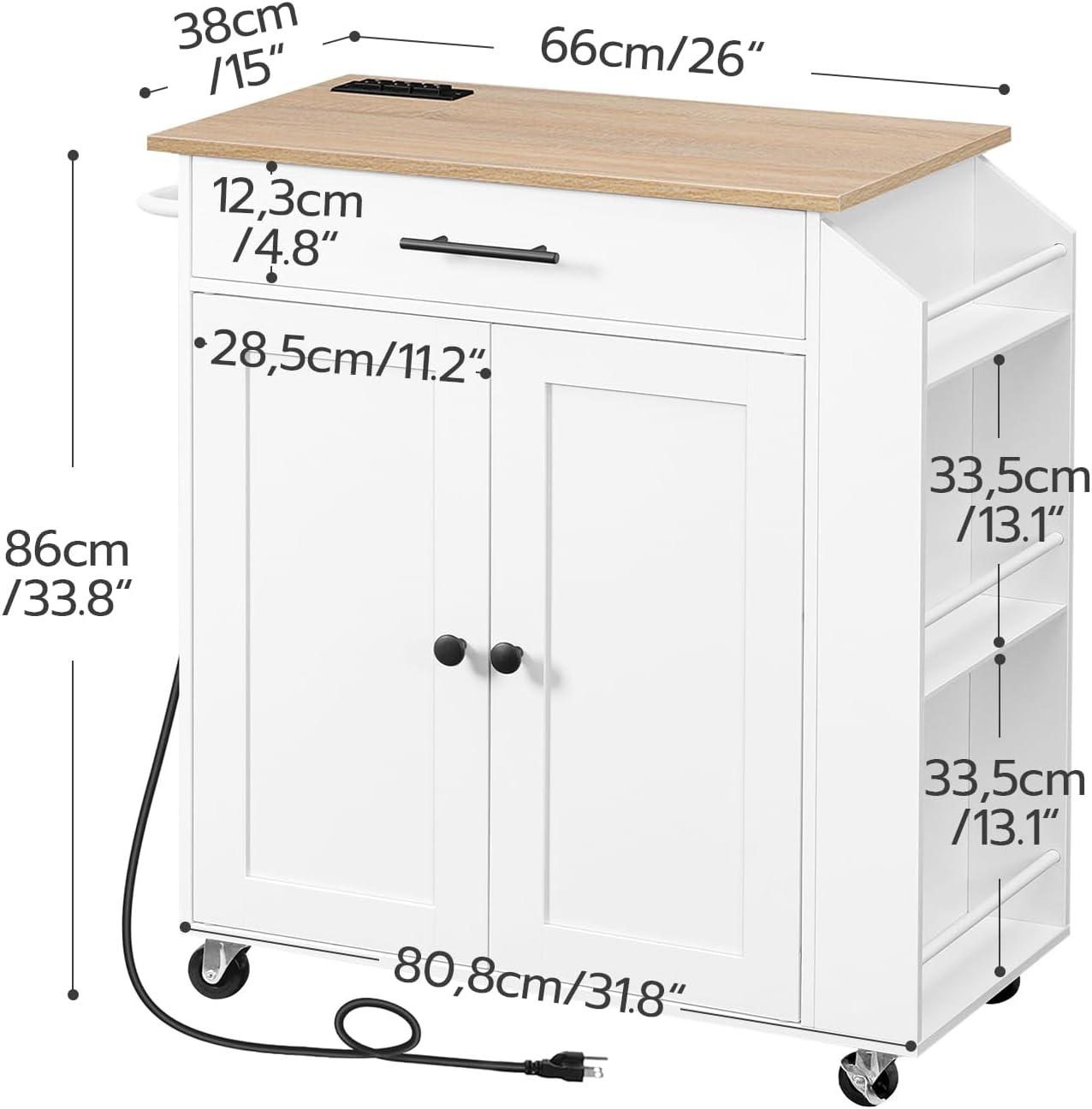 Kitchen Island Cart Kitchen Island on Wheels with Spice Rack, Towel Rack and 5 Drawers, Rolling Mobile Kitchen Island with Door Storage Cabinets, 4 Locking Wheels and Rubber Wood Top, White