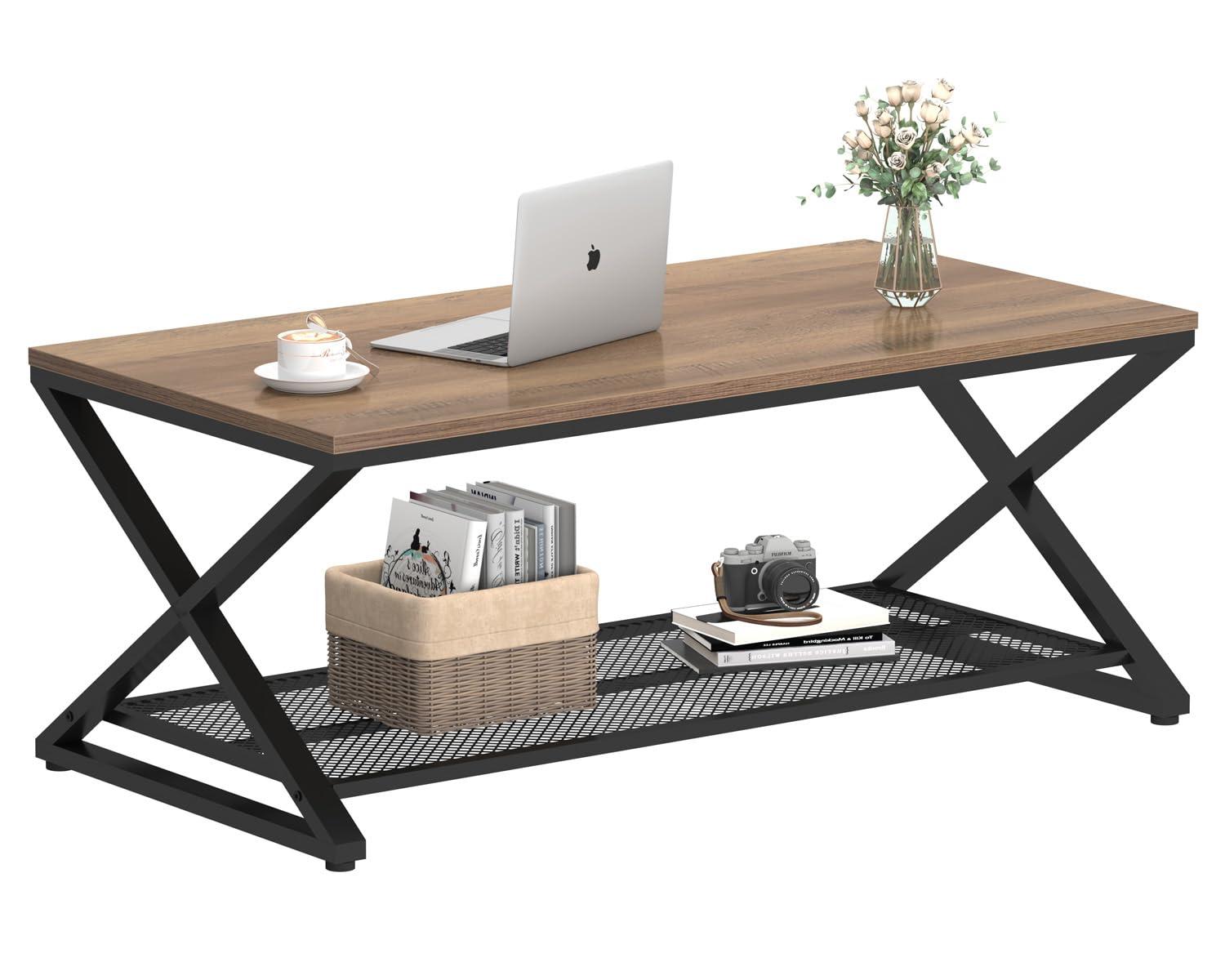 47 Inch Table with Storage Shelf, 2 Tier Rectangle Center Table Minimalist Home Tea Coffee Table