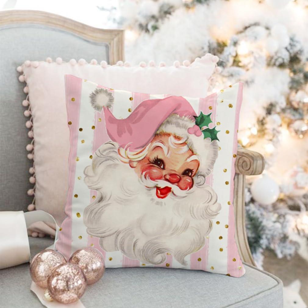 Pink Christmas Pillow Covers 18 x 18 Inch Set of 4 Striped Christmas Decorations Pink Christmas Tree Santa Claus Farmhouse Holiday Hello Winter Let it Snow Throw Pillows Cushion Case for Sofa Couch