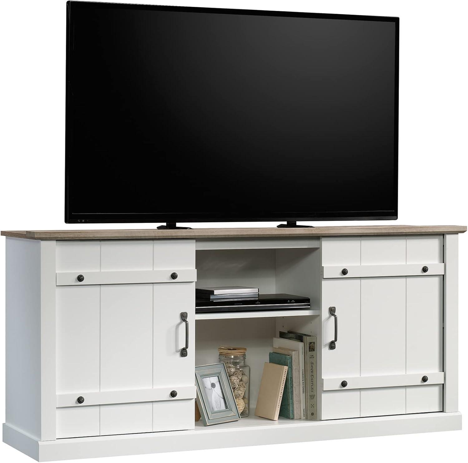 Soft White Farmhouse TV Stand with Oak Accent for 70" TVs