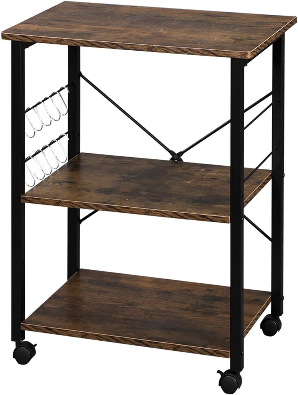 3 Tier Kitchen Microwave Cart, Microwave Stand on Wheels, Coffee Cart with Storage, Rolling Bakers Rack Workstation Shelf with 10 Hooks (24 x 16 x 29 Inches, Rustic Brown)