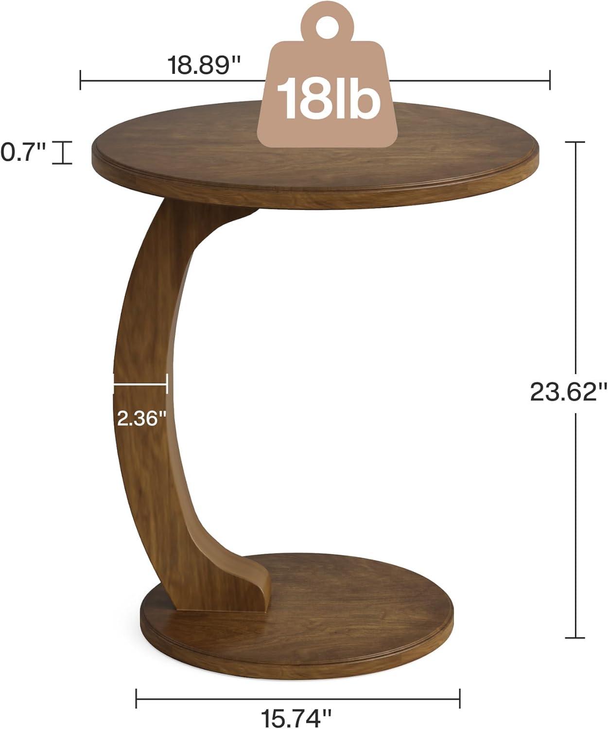 Hommoo C-Shaped End Table, Round Solid Wood Side Table for Living Room Brown