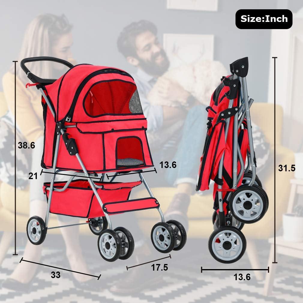 Red Folding Pet Stroller with Mesh Windows