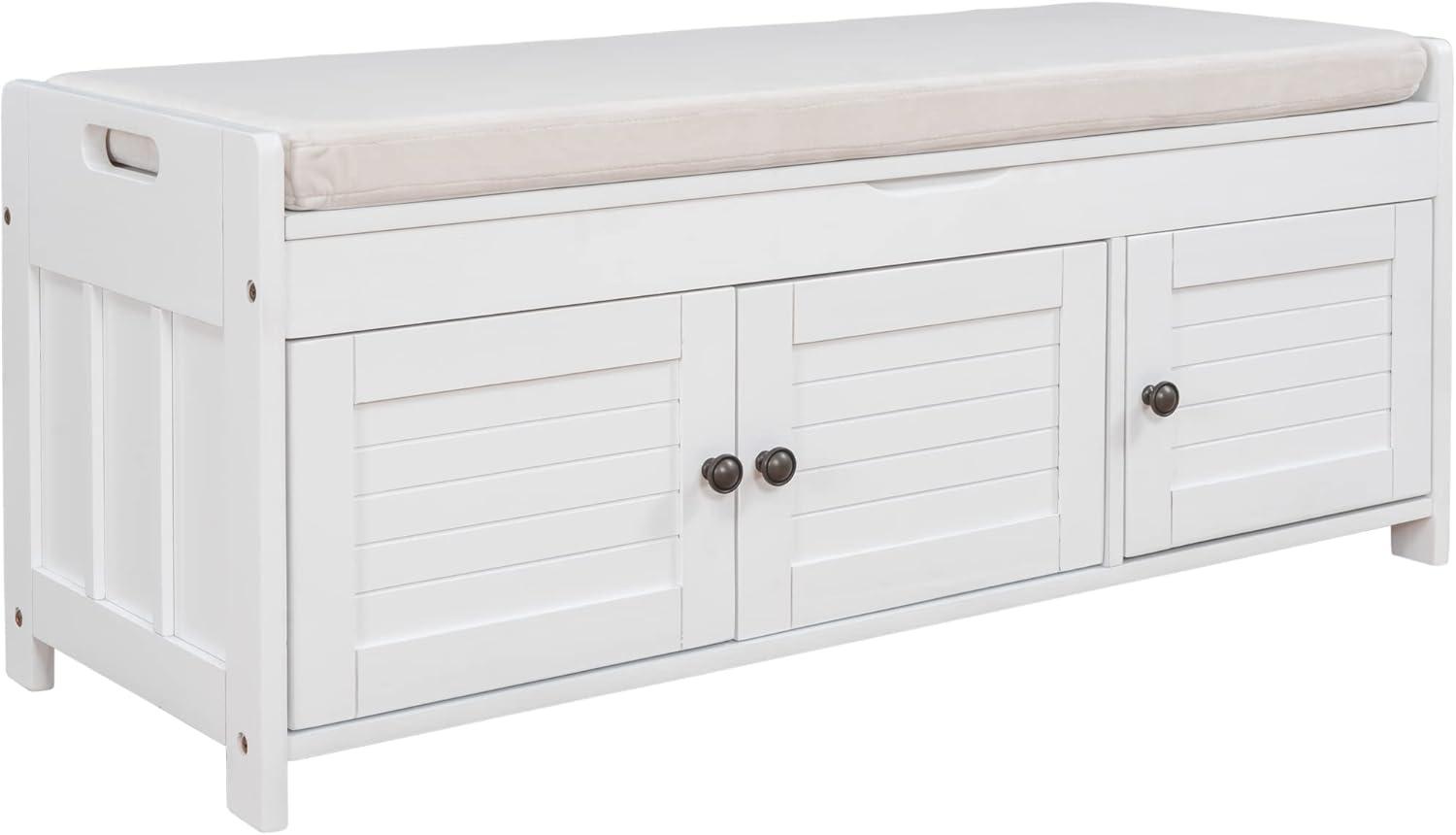 Wood Storage Bench with Removable Cushion and 3 Shutter-Shaped Doors (White)