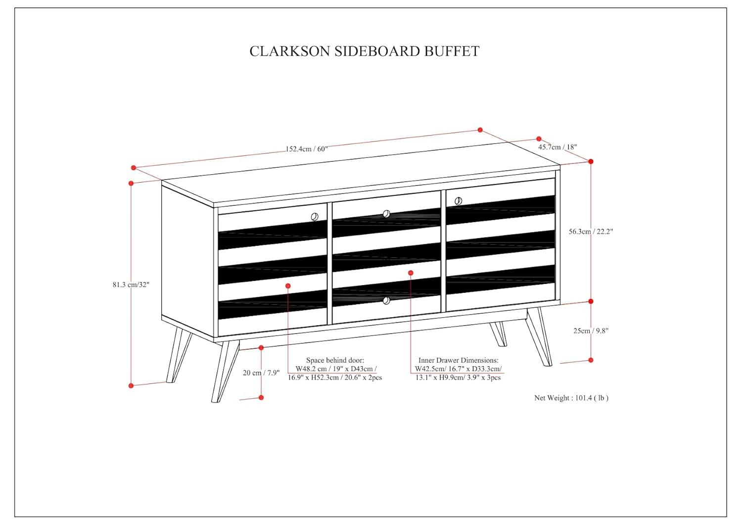 Simpli Home Clarkson 60"W Solid Acacia Mid-Century 2-Door Sideboard Buffet with 3 Drawers