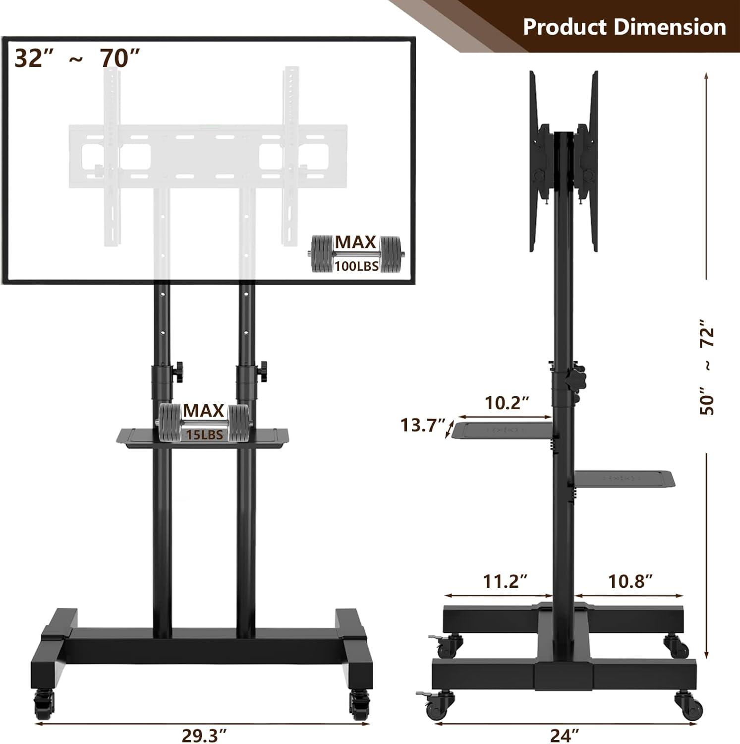 TAVR Dual Mobile TV Stand Rolling TV Cart Floor Stand with 2 TV Brackets on Locking Wheel Height Adjustable Shelf for 32-70 inch Flat/Curved Screen Gaming Console Display,Loading 110 lbs
