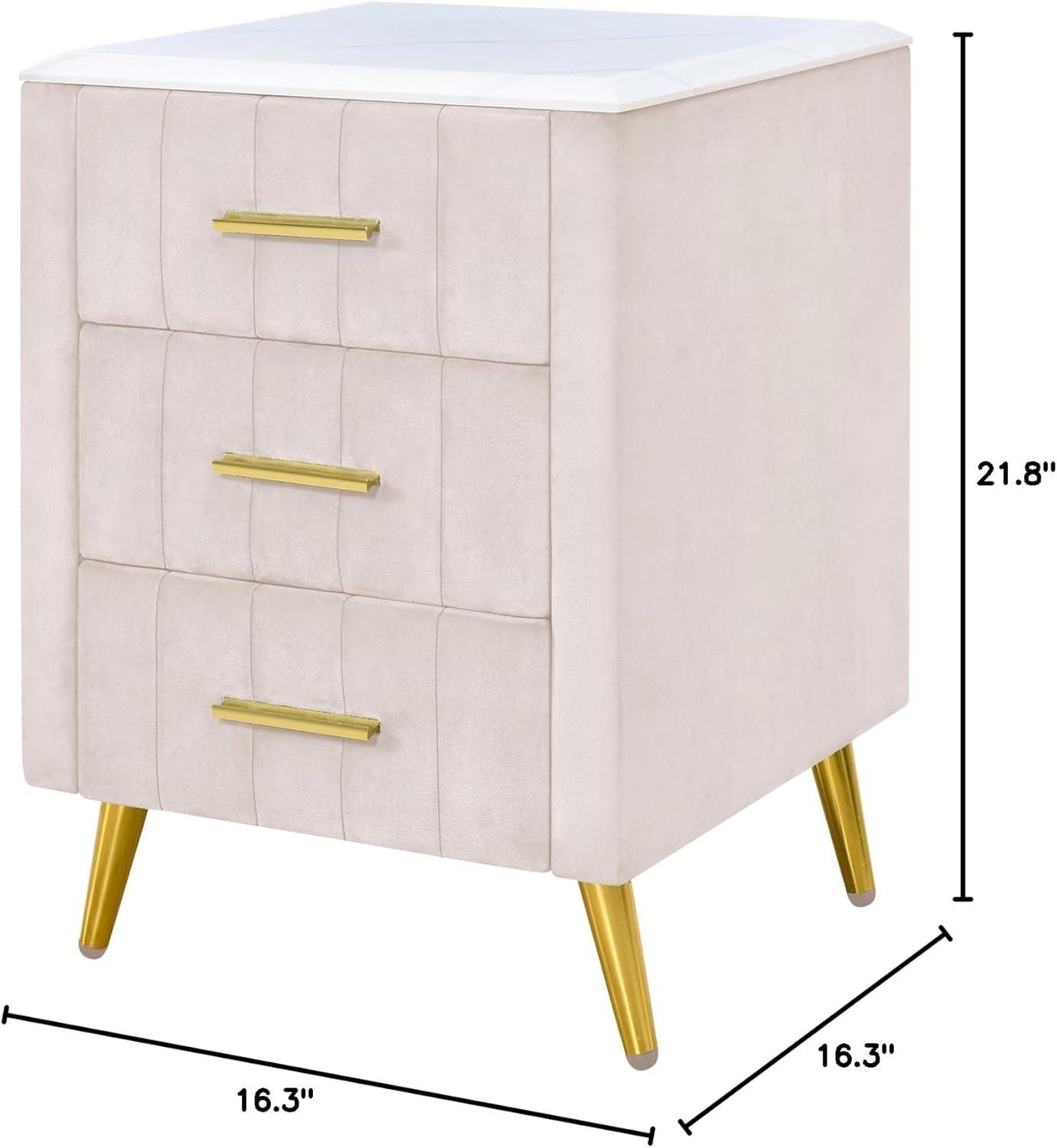 Harper & Bright Designs Mesita de Noche Tapizada de Madera con 3 Cajones y Patas y Tiradores de Metal, Mesita de Noche con Encimera de Mármol, Beige