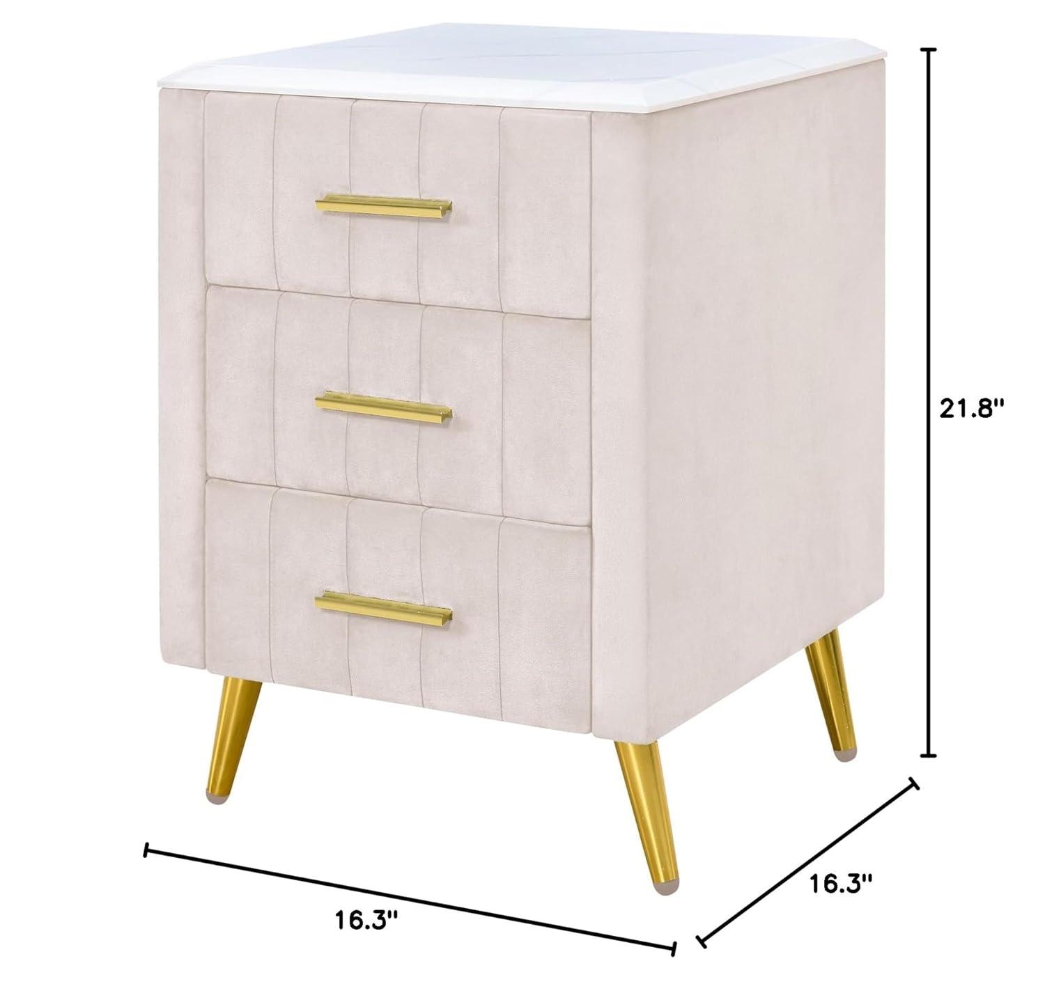 Harper & Bright Designs Upholstered Wooden Nightstand with 3 Drawers and Metal Legs & Handles, Bedside Table with Marbling Worktop, Beige