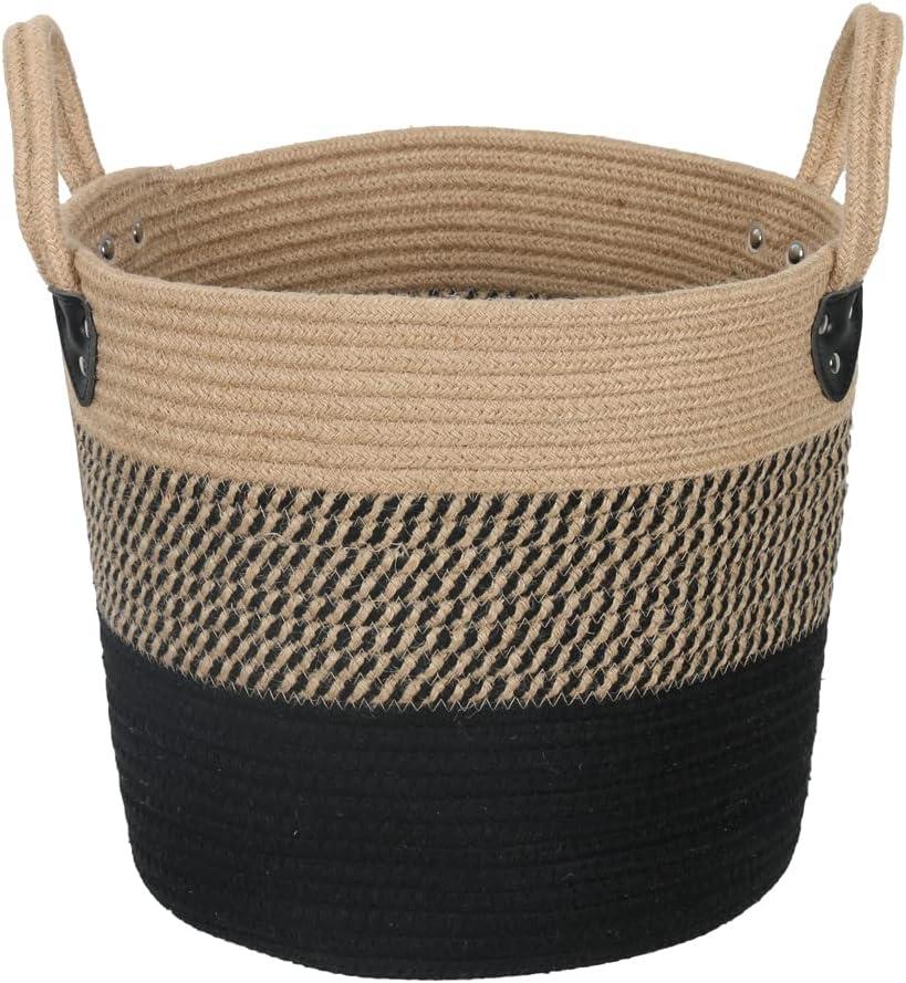 14"x12" Natural Jute and Black Rope Woven Storage Basket