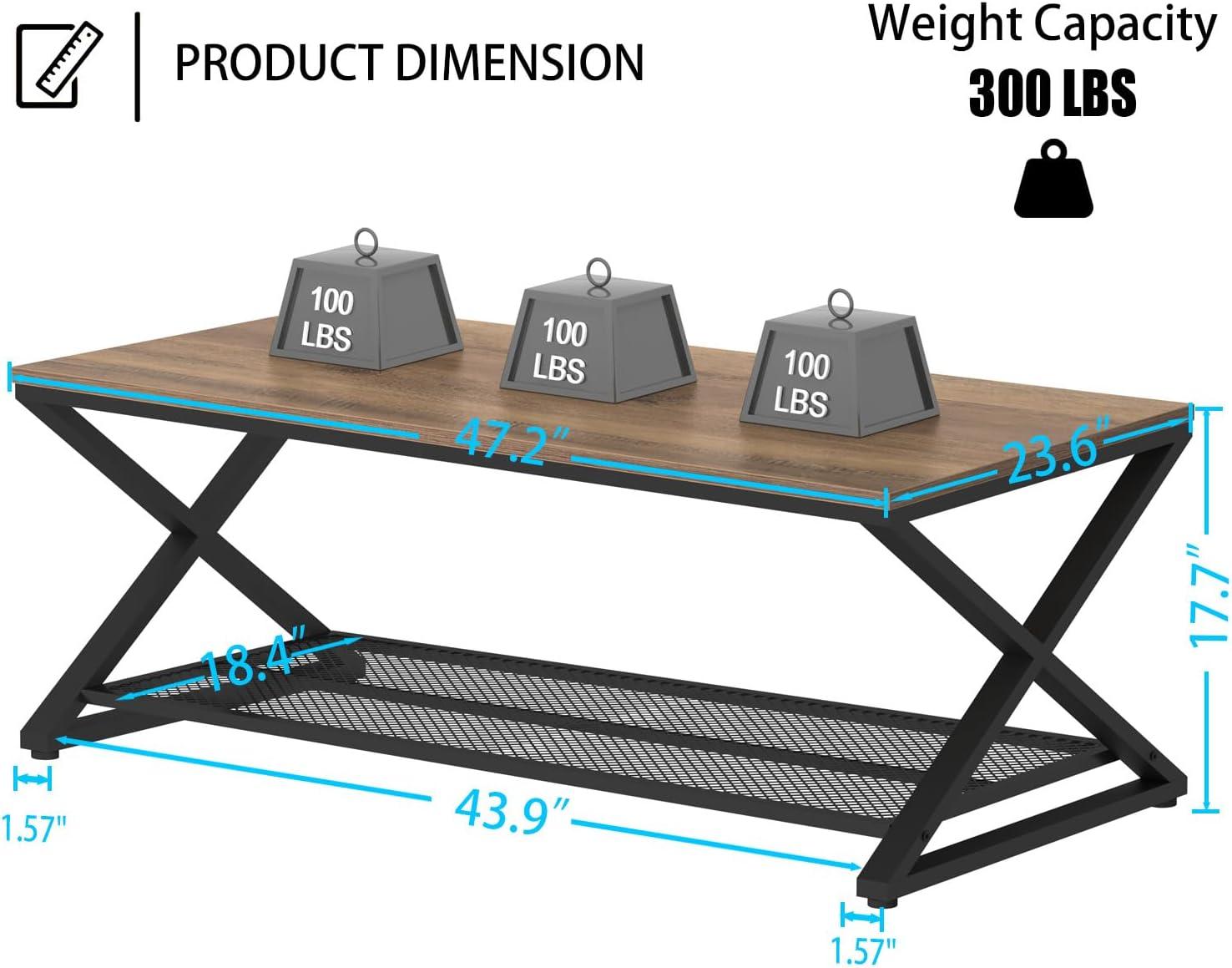 Rustic Oak and Black Metal 47" Coffee Table with Storage Shelf