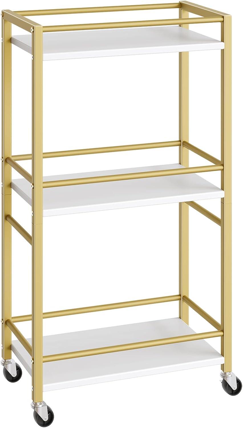 Gold and White Narrow Kitchen Cart with Storage