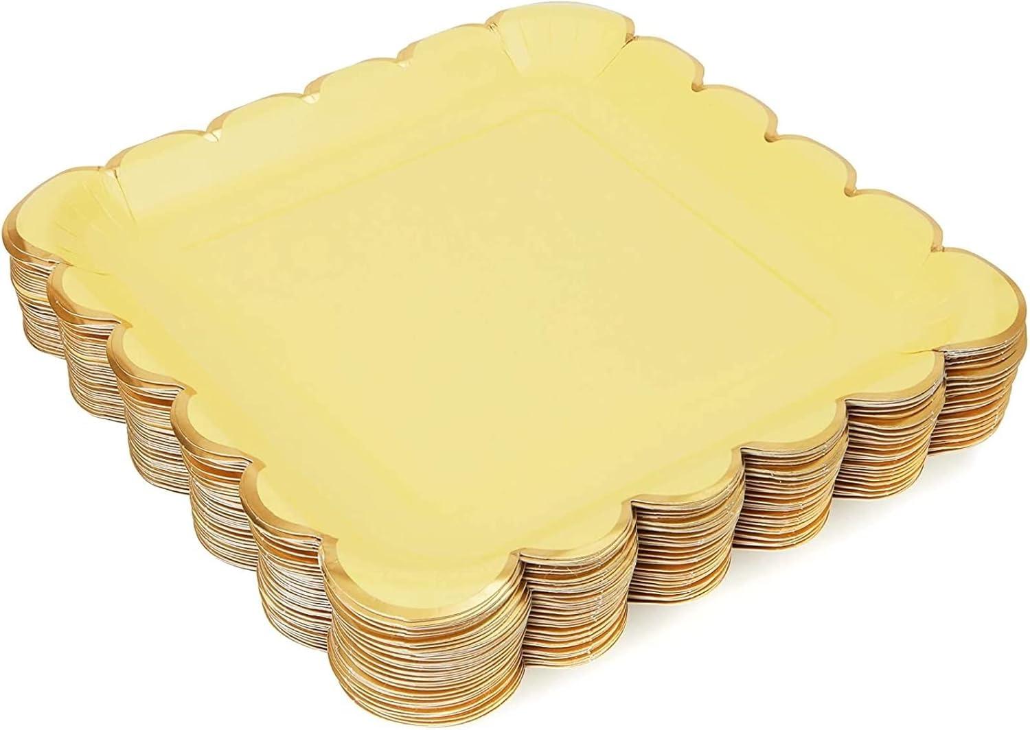 Sparkle and Bash 48-Pack Pastel Yellow Square Disposable Paper Plates, Gold Foil Scalloped Edge 9 In