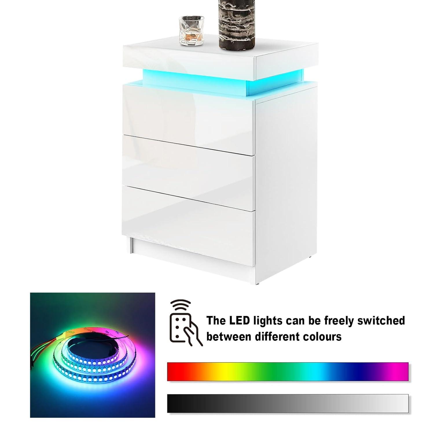 White High Gloss 3-Drawer Nightstand with LED Lights