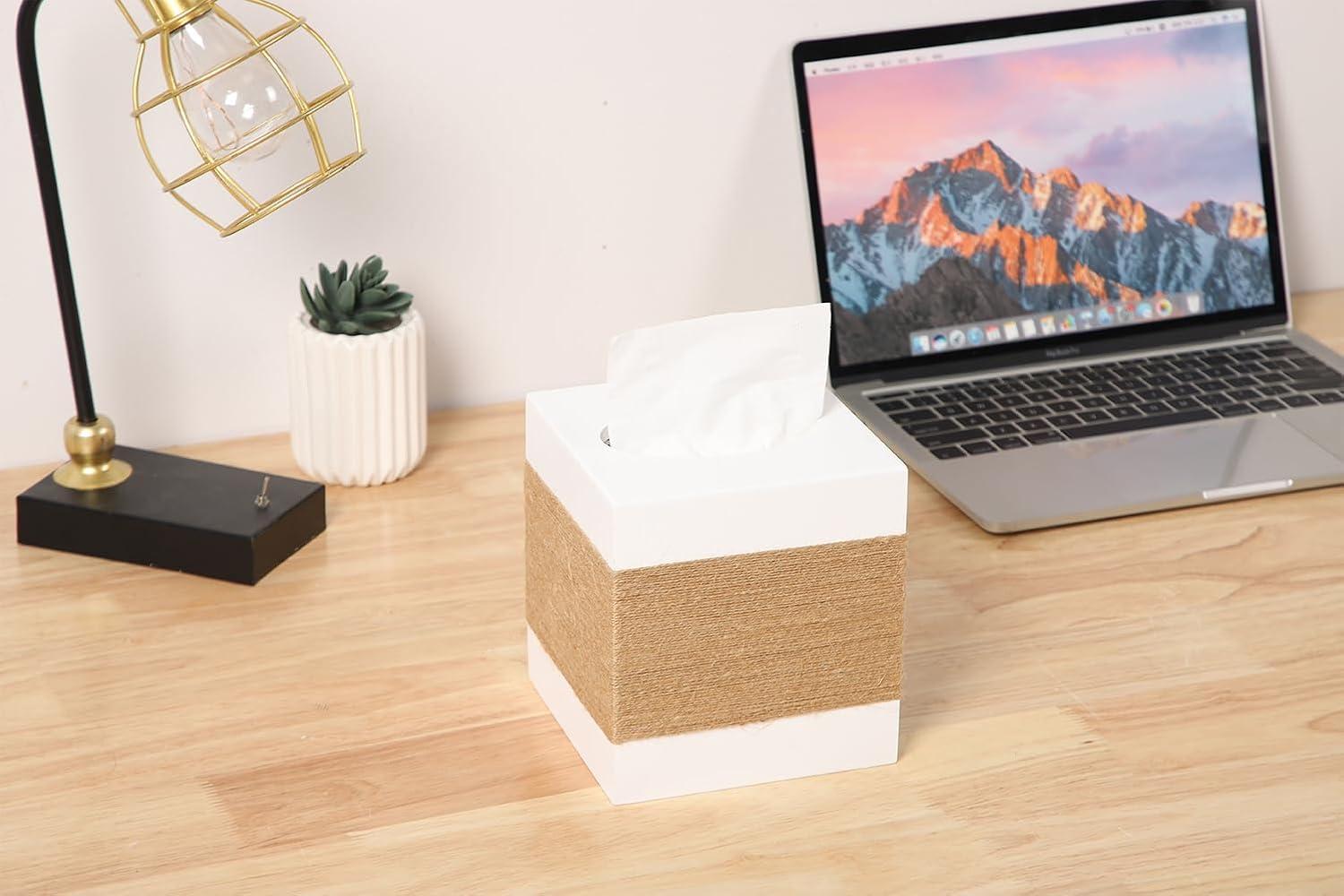 Tissue Box Cover, Wood Tissue Box Cover Square, Farmhouse Tissue Box Holder Covers Your Tissues, Decorative Tissue Cube Box Cover with Slide-Out Bottom (White)