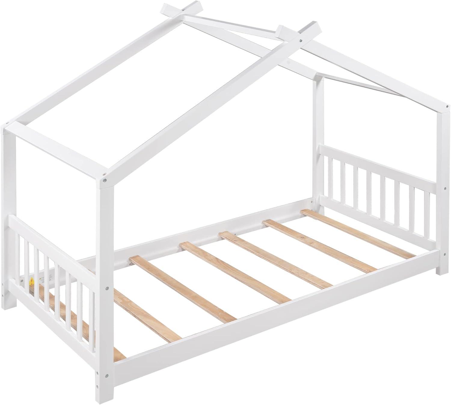 Harper & Bright Designs Twin House Bed for Kids, Floor Frame With Headboard and Footboard, Wooden Montessori Bed for Girls, Boys, White