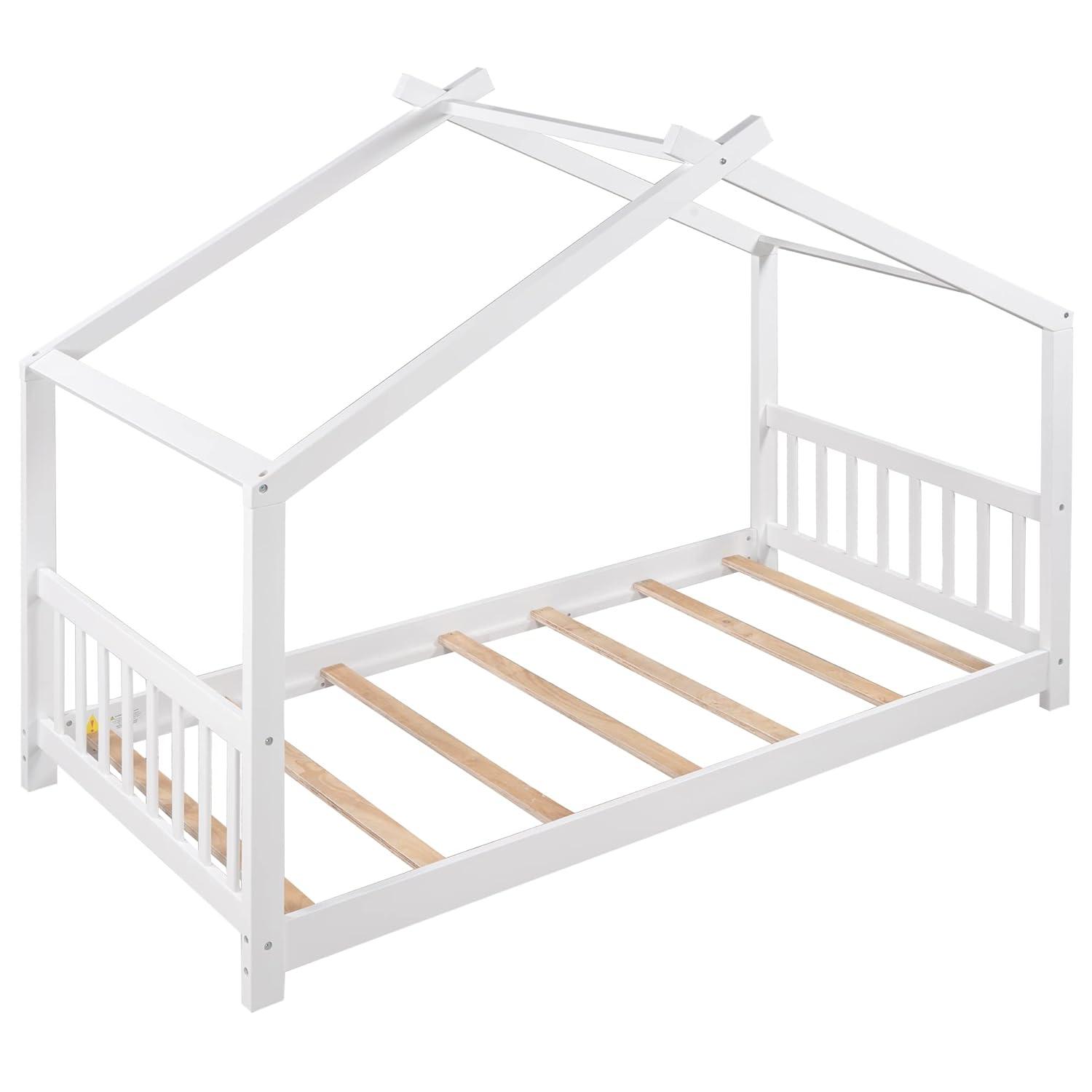 Harper & Bright Designs Twin House Bed for Kids, Floor Frame With Headboard and Footboard, Wooden Montessori Bed for Girls, Boys, White