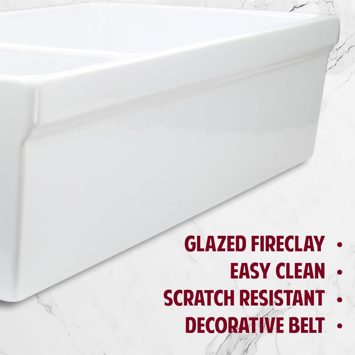 White Farmhouse Sink – 36" Farm Kitchen Sink with Apron, Fireclay, Made in Italy – Double Bowl, Sturdy, Reversible, Undermount, Scratch Resistant, Easy to Clean HP-FC9010-W