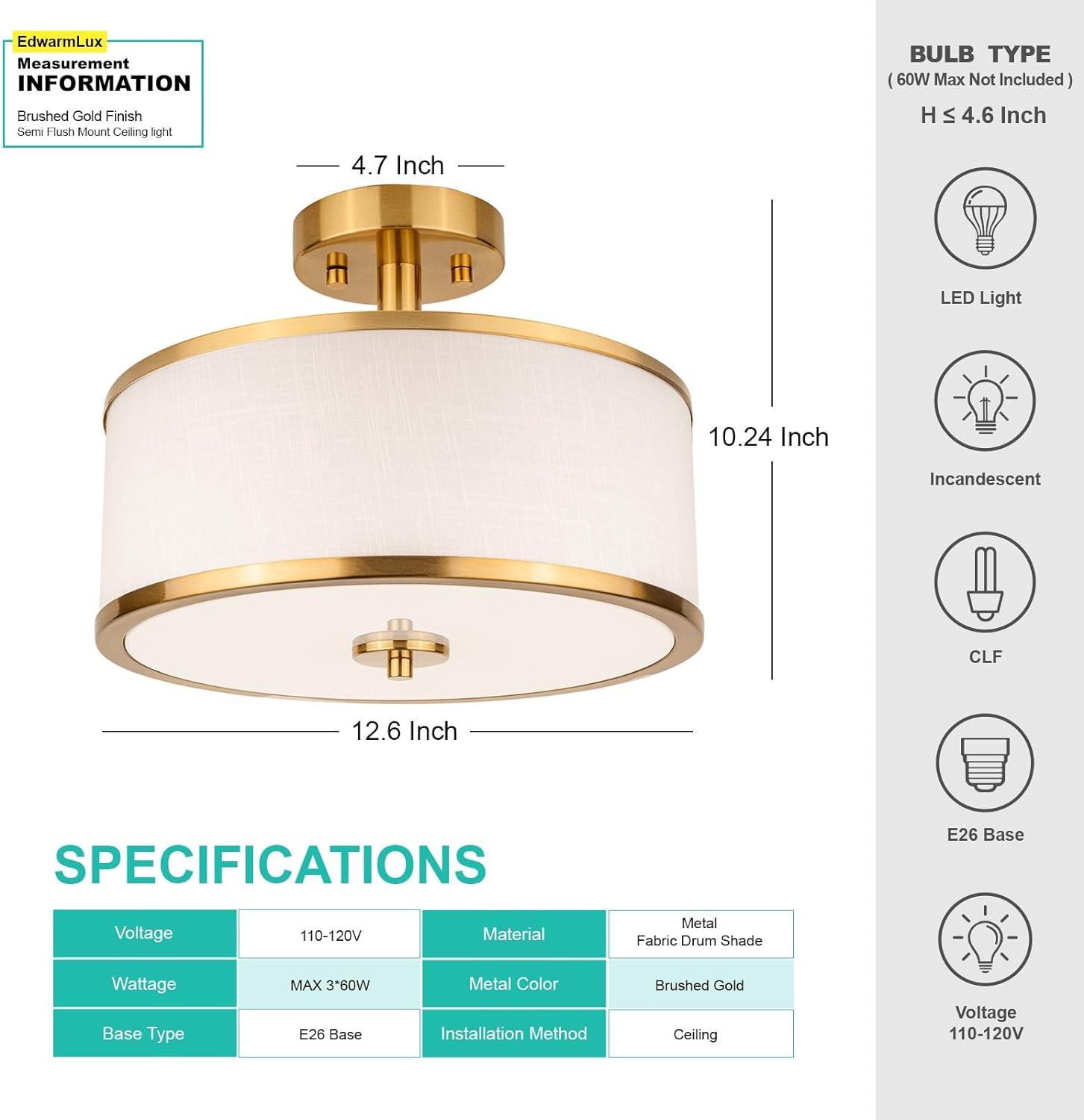 3-Light Semi Flush Mount Ceiling Light Fixture, 12.6" Gold Drum Light with White Fabric Shade, Modern Close to Ceiling Light for Living Room Bedroom Dining Room Kitchen Hallway Entry Foyer