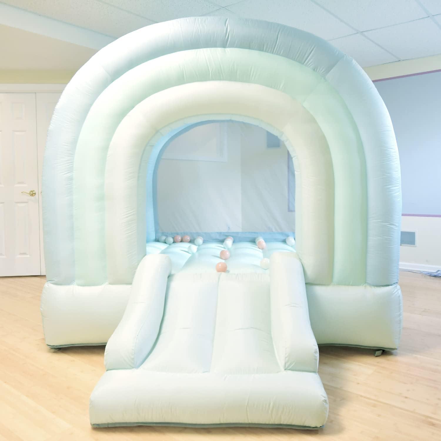 Pastel Blue and White Bounce House with Slide