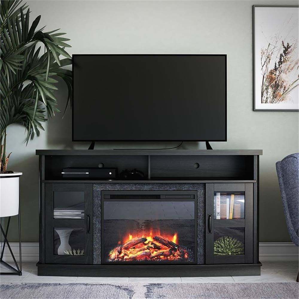 Barrow Creek Black Oak Fireplace TV Console with Glass Doors