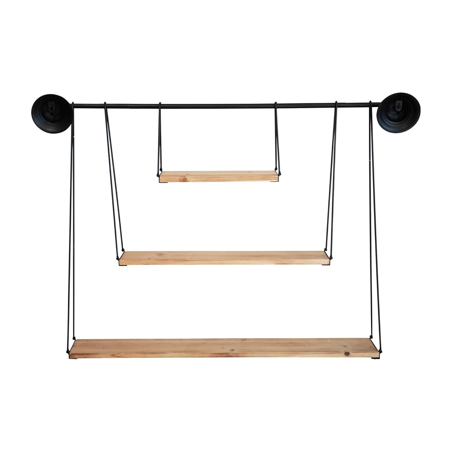 Stratton Home Decor Large 3 Tier Metal and Wood Hanging Wall Shelf, Black