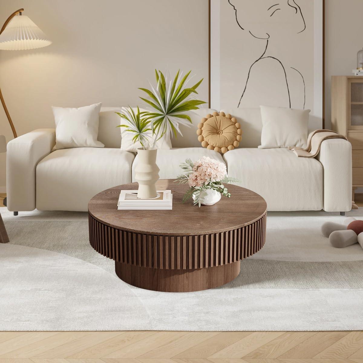 31.5" Round Wood Coffee Table with Storage - Modern Drum Circle Fluted Side Table for Apartment, Office - Easy Assembly, Walnut
