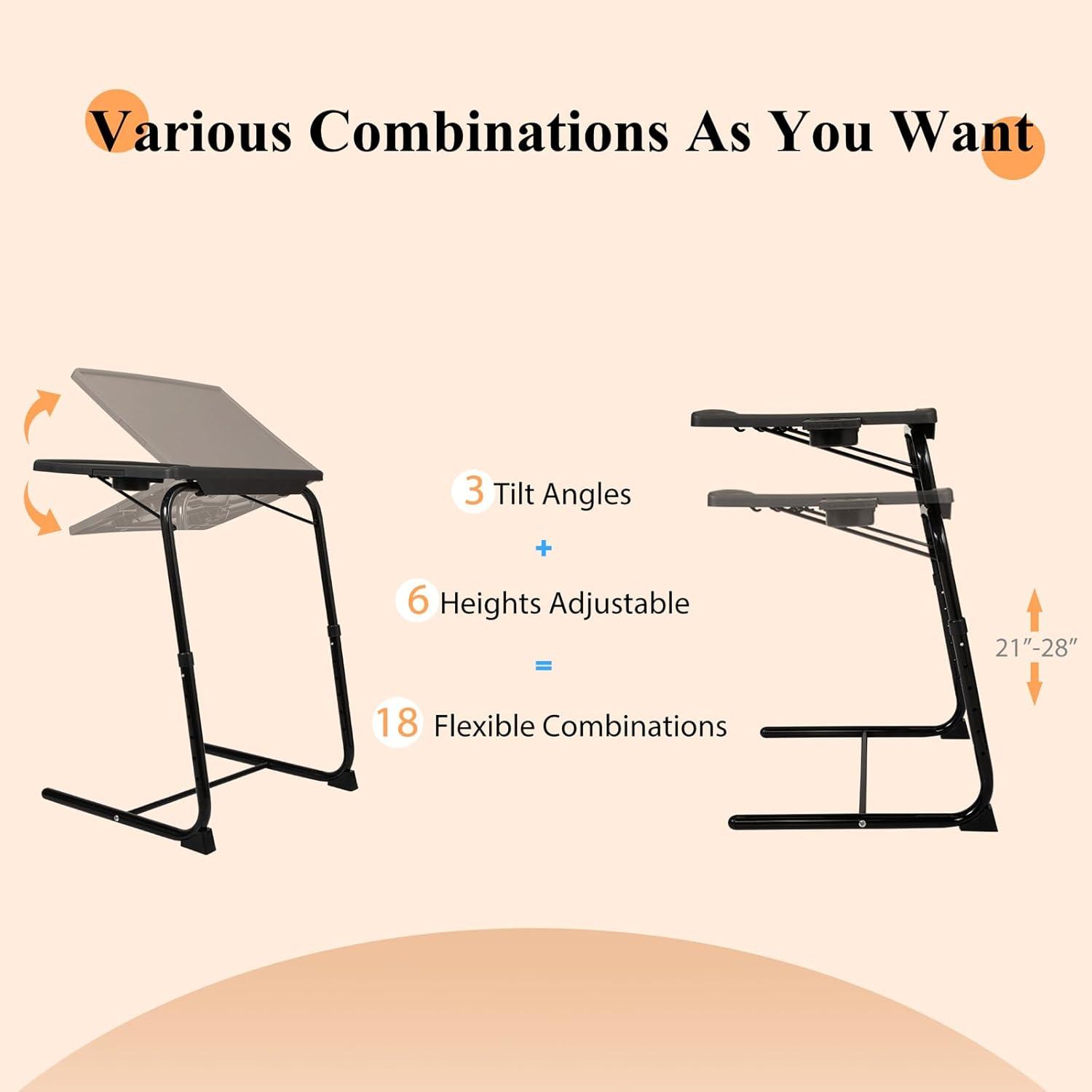 TV Tray Table, Adjustable TV Dinner Table for Eating on Couch with Cup Holder, Folding Table with 6 Height & 3 Tilt Angle Adjustments, Comfortable Laptop Stand for Bed & Sofa, Black