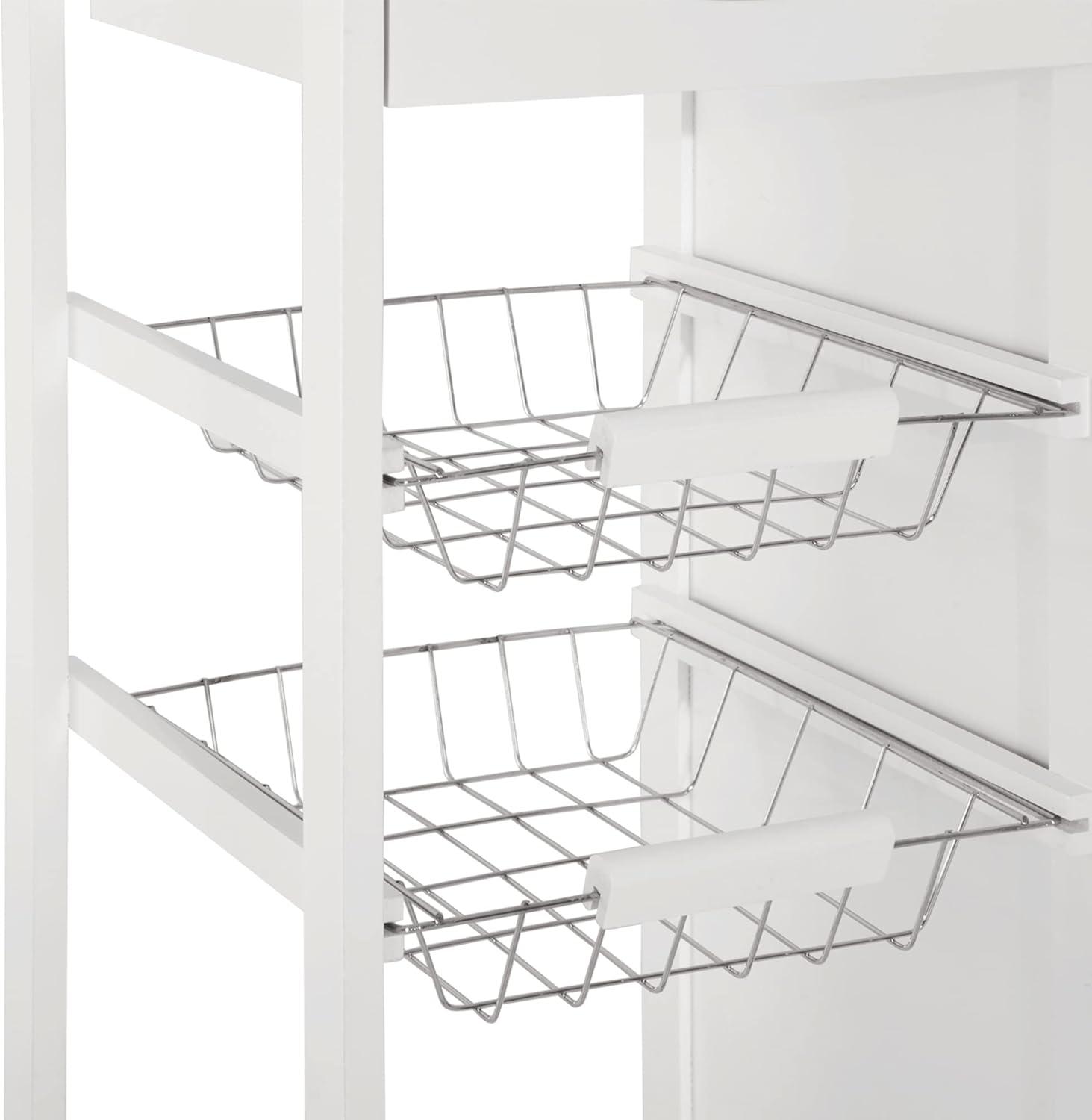 HOMCOM 28†Rolling Kitchen Trolley Serving Cart Storage Cabinet Bamboo Top with Wire Basket & Glass Door & Drawers - White