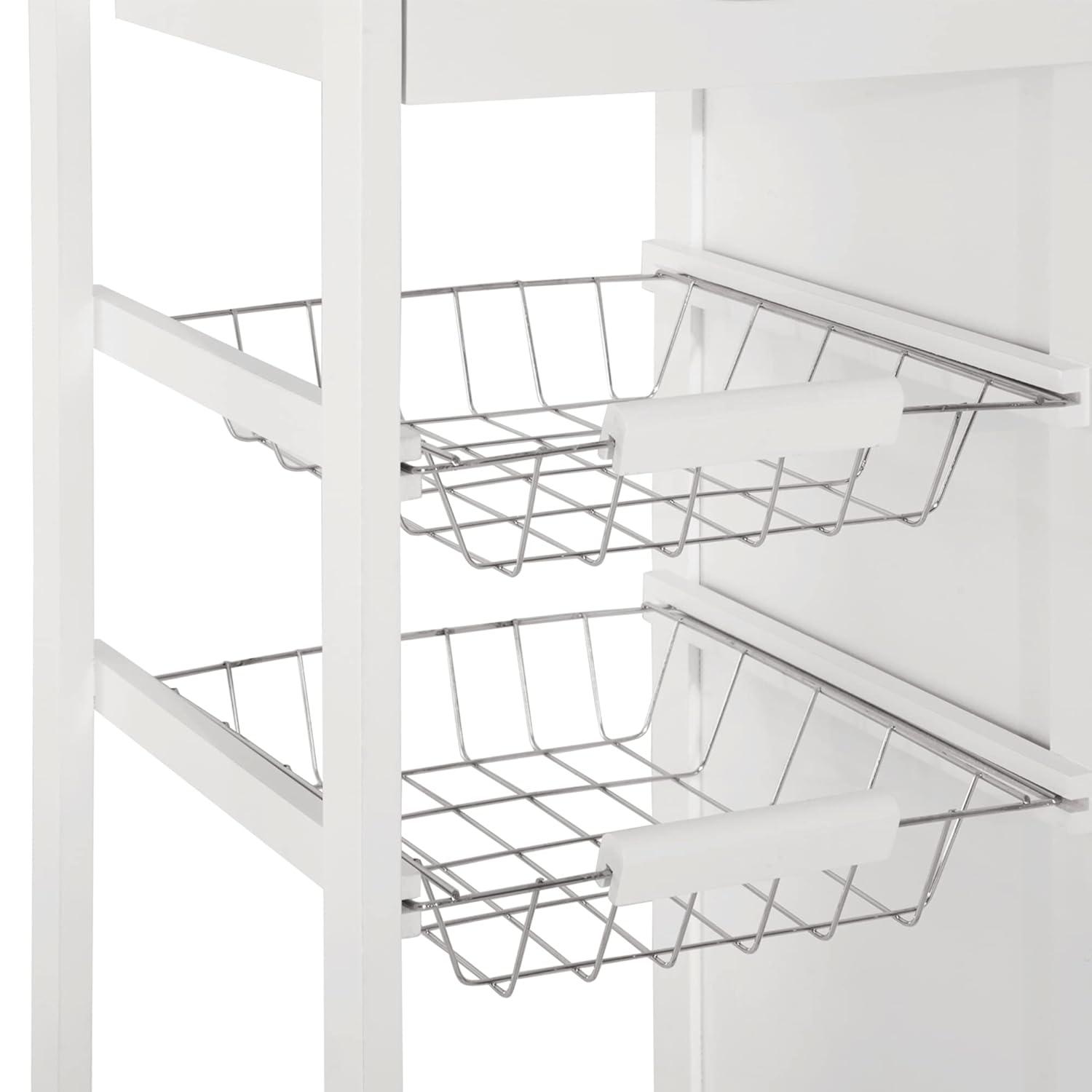 HOMCOM 28†Rolling Kitchen Trolley Serving Cart Storage Cabinet Bamboo Top with Wire Basket & Glass Door & Drawers - White