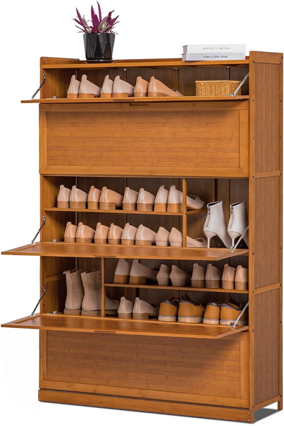 MoNiBloom Bamboo 9 Tier Shoe Organizer Modern Cabinet with Door 41 Pairs Heels Boots, Brown, Hallway Entryway