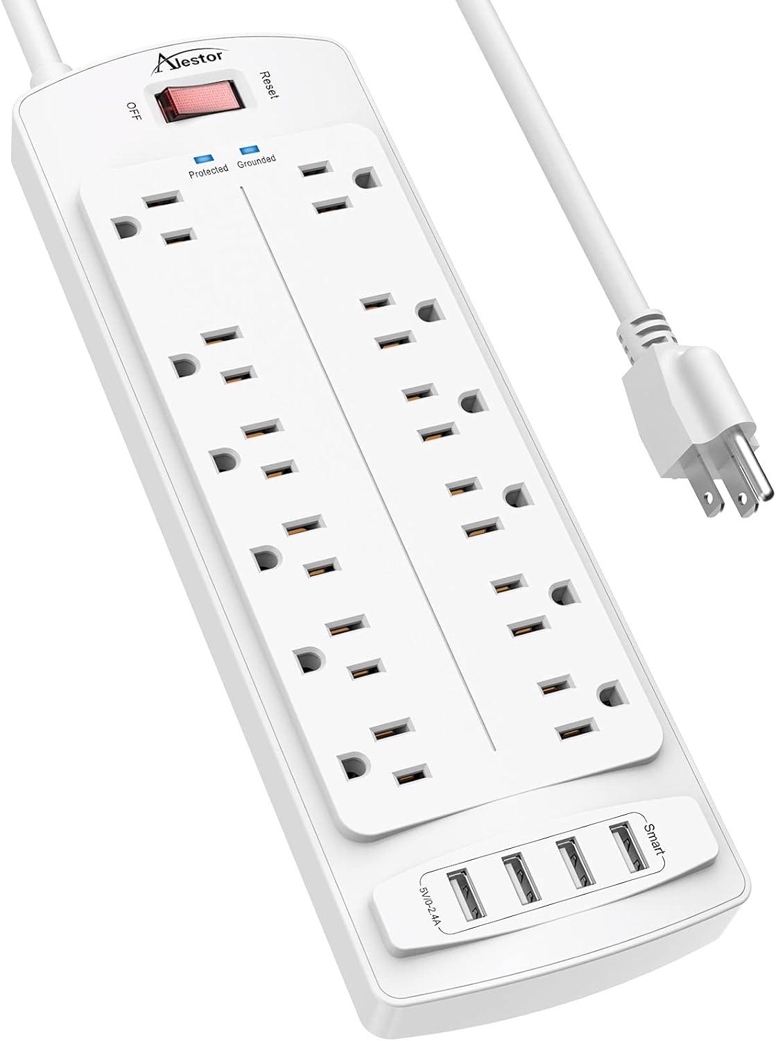 Power Strip, Nuetsa Surge Protector with 12 Outlets and 4 USB Ports, 6 Feet Flat Plug Extension Cord (1875W/15A) for for Home, Office, Dorm Essentials, 2700 Joules, ETL Listed (Black)