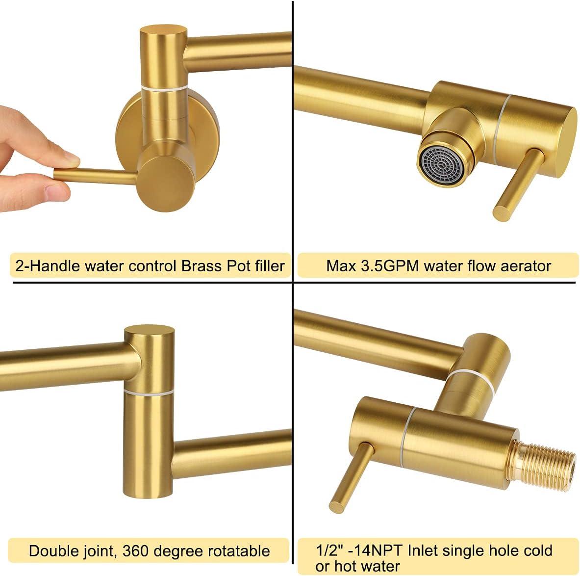 Brushed Gold Stainless Steel Wall Mount Pot Filler Faucet