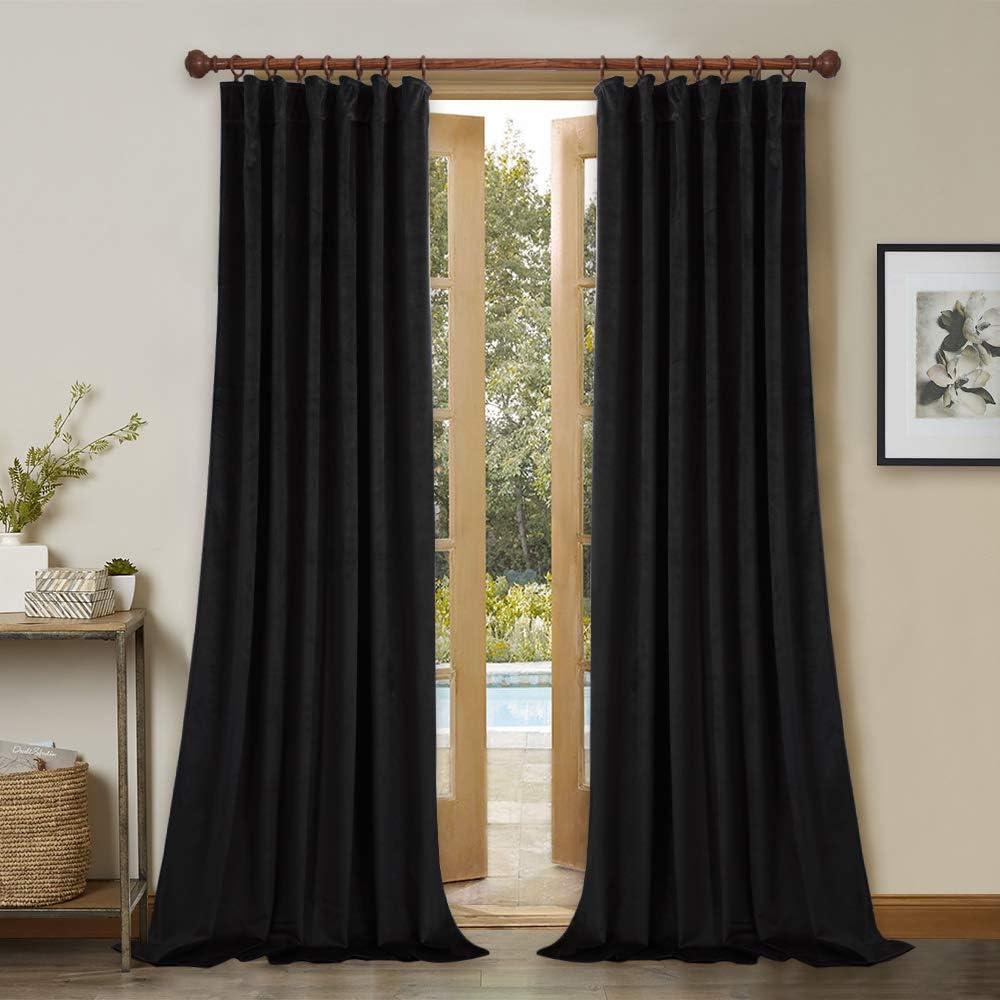 JIUZHEN Black Velvet Curtains for Living Room -96 inches Long Rod Pocket Thermal Insulated Room Darkening Window Drapes for Bedroom, Set of 2 Panels with Tiebacks, 52 x 96 inches