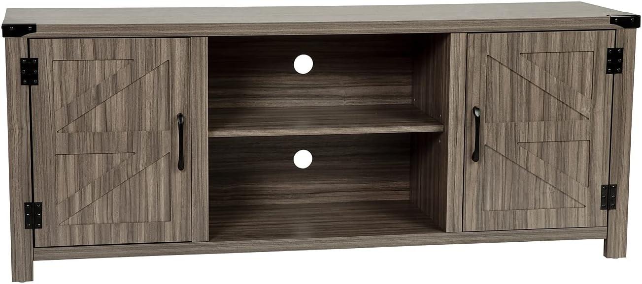 BizChair Modern Farmhouse Barn Door TV Stand - Gray Wash Oak for TV's up to 65 Inches - 59" Entertainment Center with Adjustable Shelf