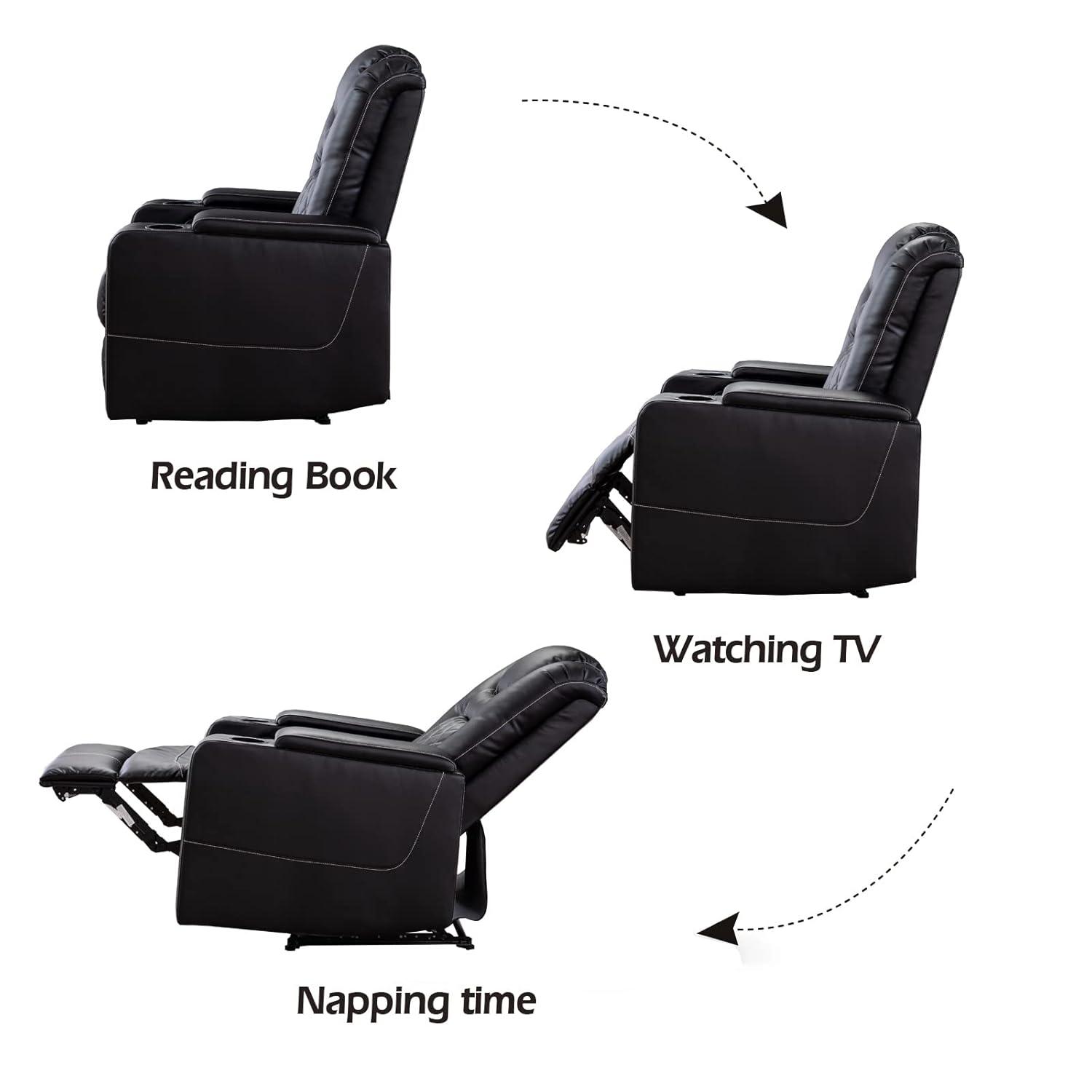 Bonzy Home Power Electric Recliner Chair with USB Ports and Cup Holders Leather Home Theater Seating, Living Room Chair Black