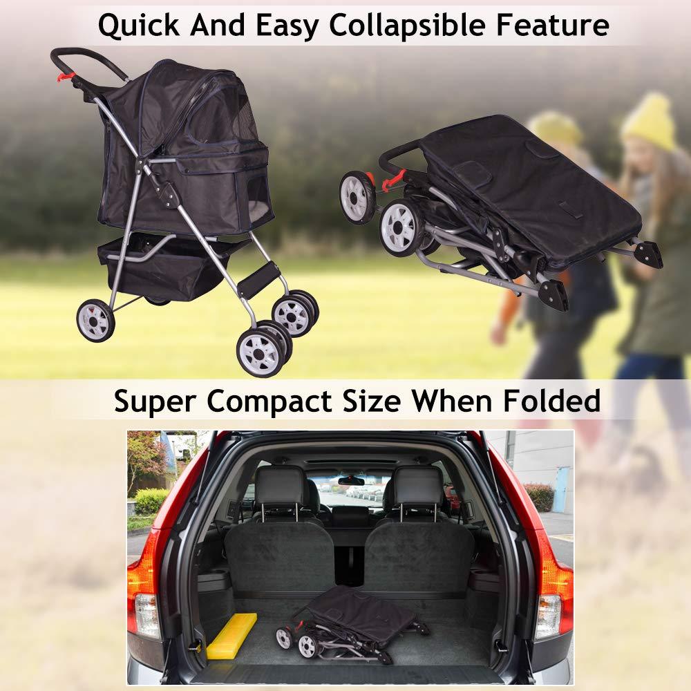 4 Wheels Pet Stroller Cat Dog Cage Stroller Travel Folding Carrier with Cup Holders and Removable Liner for Small-Medium Dog, Cat (Pink)