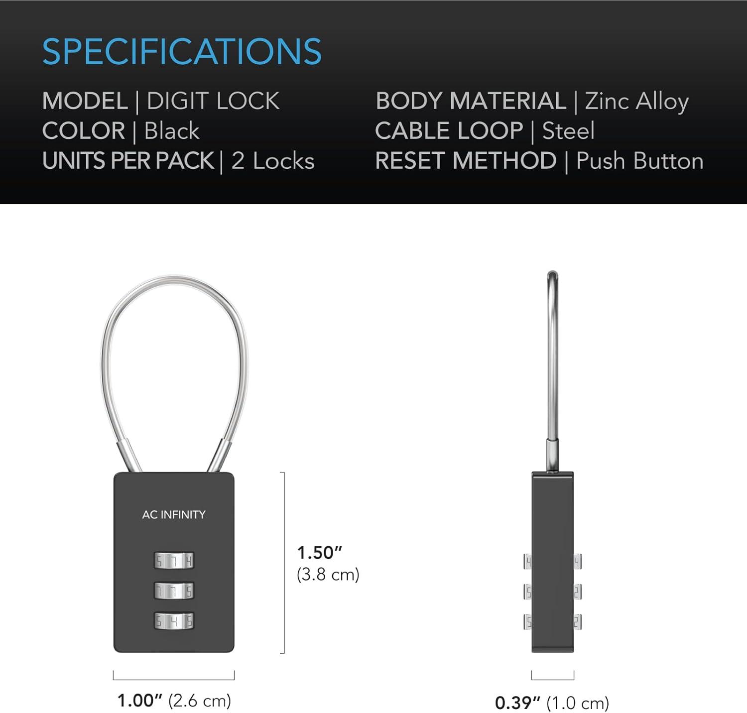 AC Infinity 3-Digit Black Zinc Alloy Combination Lock with Steel Cable, 2-Pack