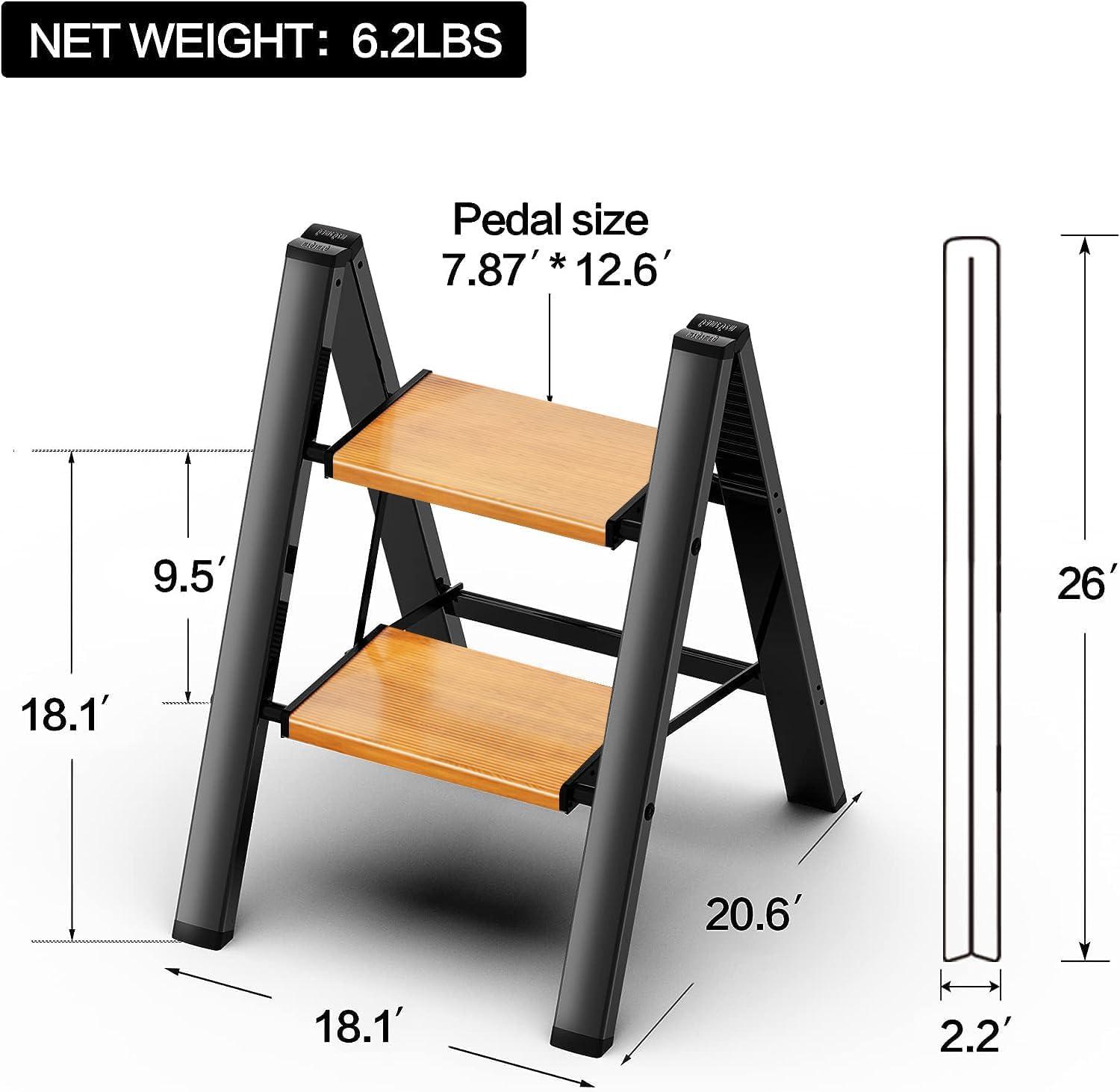 Black Aluminum Foldable 2-Step Ladder with Woodgrain Steps