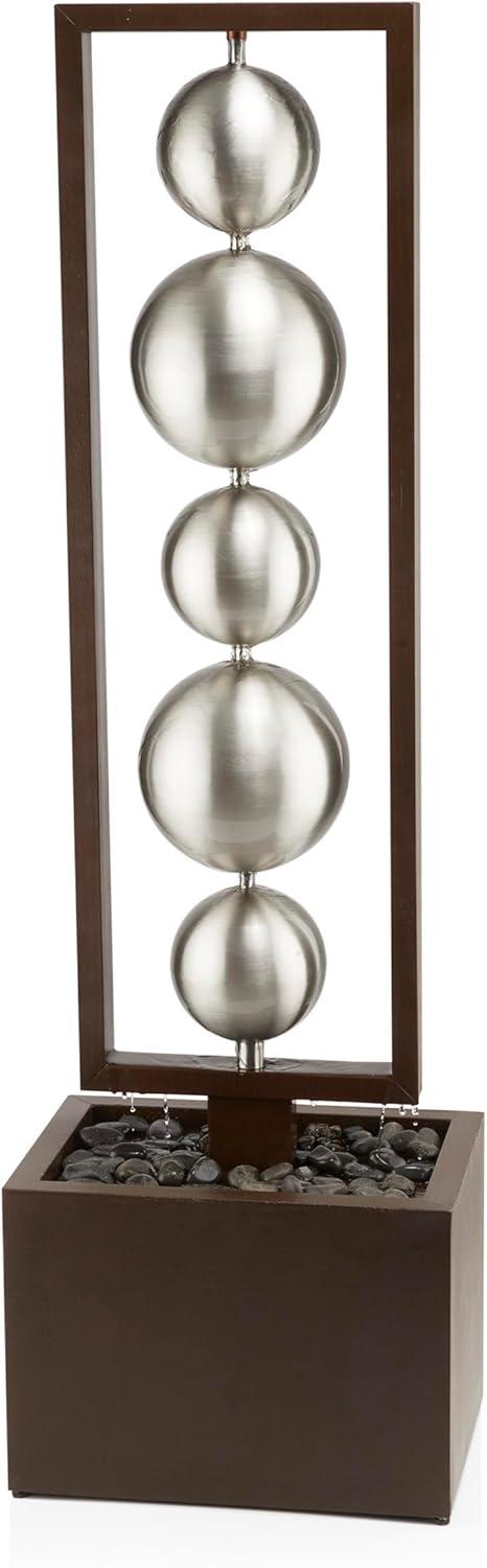 55" Metal Modern Column Fountain with Stainless Steel Orbs Silver/Brown - Alpine Corporation: Electric-Powered